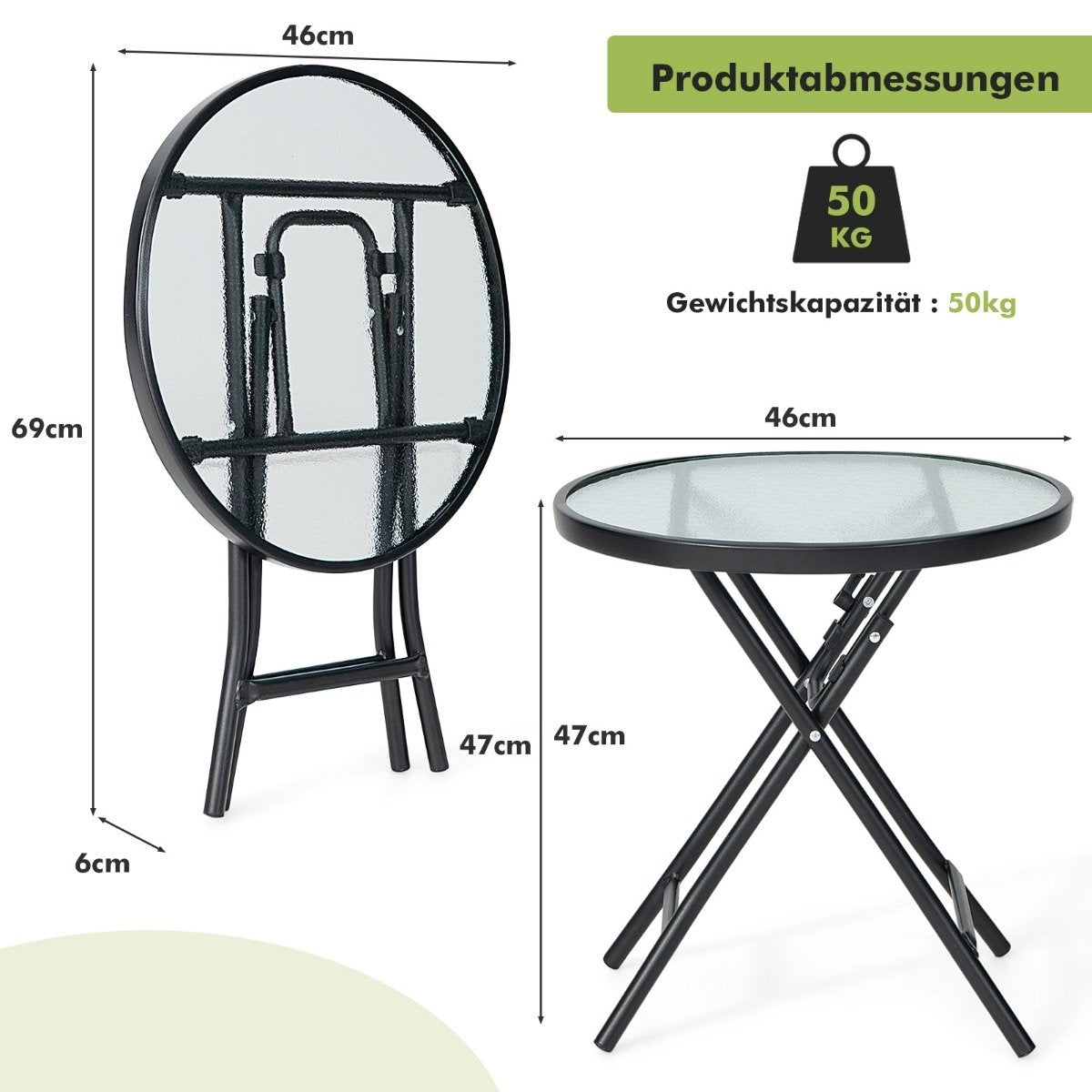 Patio dining table round glass table with tempered glass table top 46.5 x 46.5 x 47.5 cm black