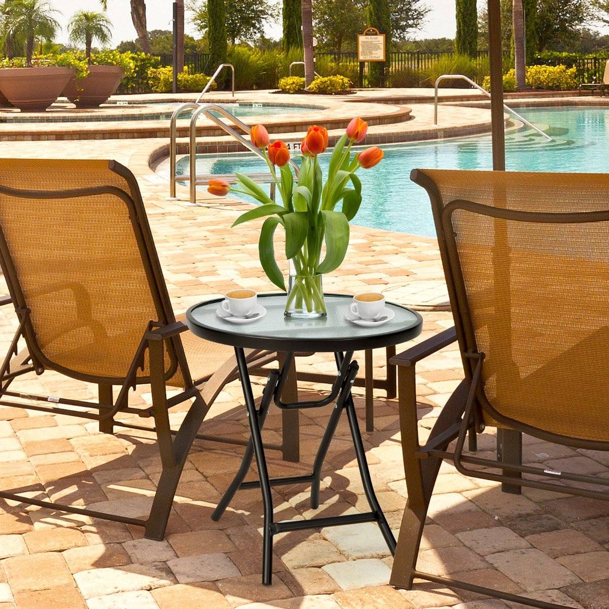 Patio dining table round glass table with tempered glass table top 46.5 x 46.5 x 47.5 cm black