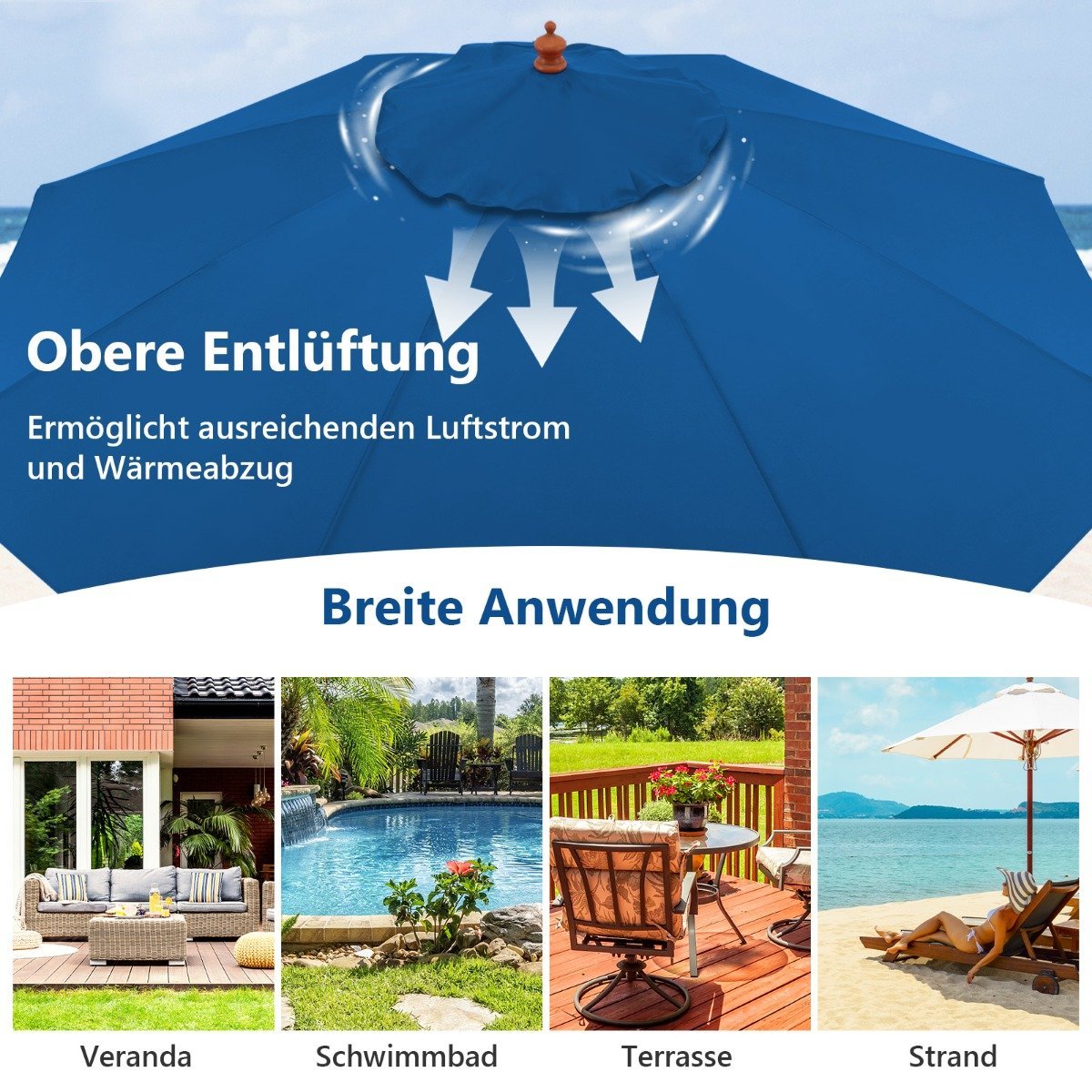 Patio umbrella market umbrella made of wood with pulley mechanism 283 x 252.5 cm blue