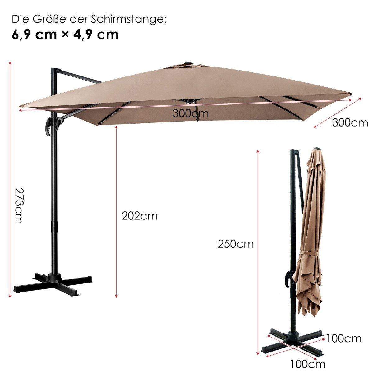 Patio umbrella with 3 tilt settings for gardens, terraces, 300 x 300 x 273 cm, coffee brown
