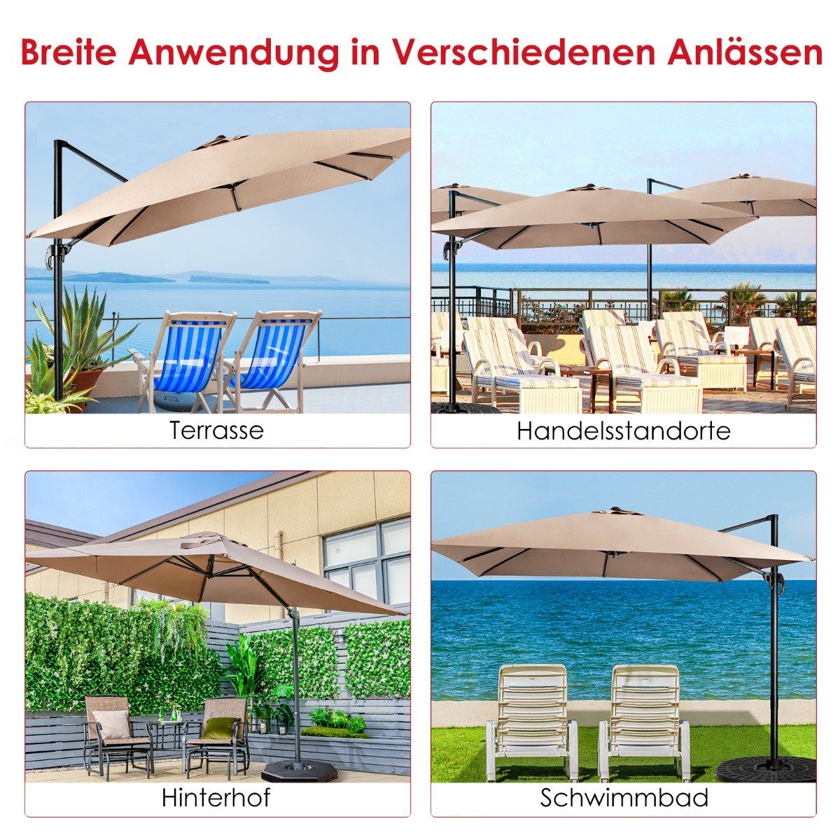 Patio umbrella with 3 tilt settings for gardens, terraces, 300 x 300 x 273 cm, coffee brown
