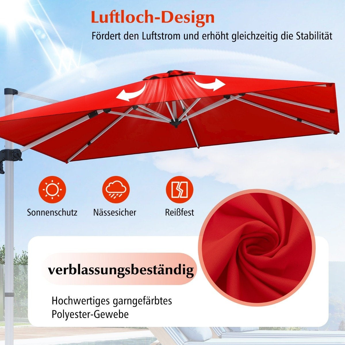 Patio umbrella with cross base & 360° rotation for garden and pool areas 300 x 300 x 261 cm Burgundy