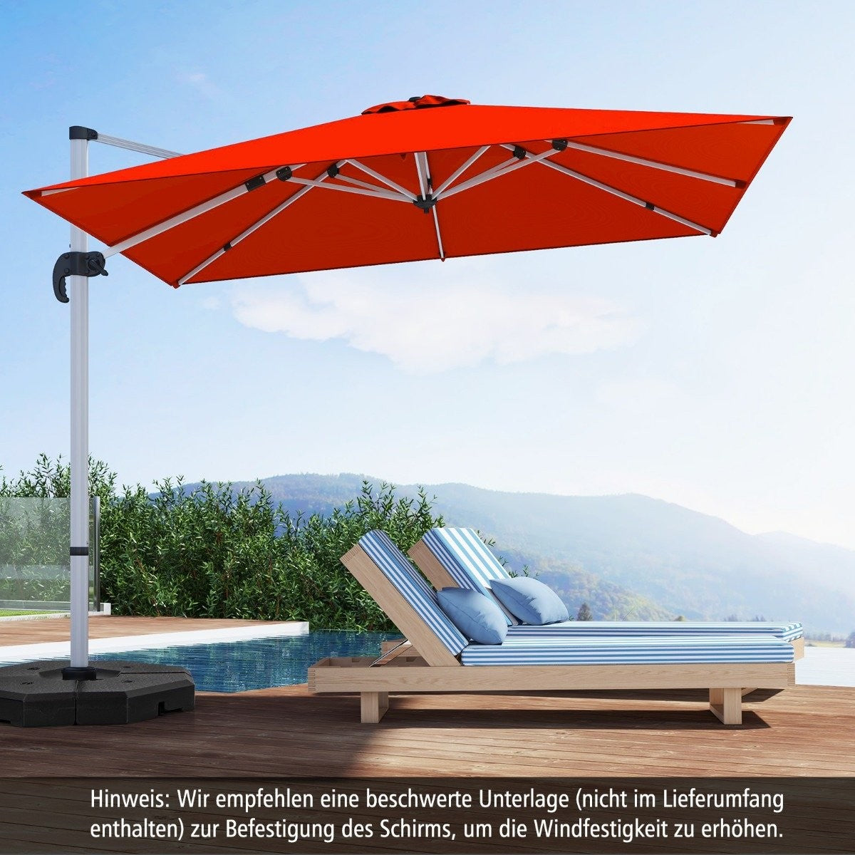 Patio umbrella with cross base & 360° rotation for garden and pool areas 300 x 300 x 261 cm Burgundy
