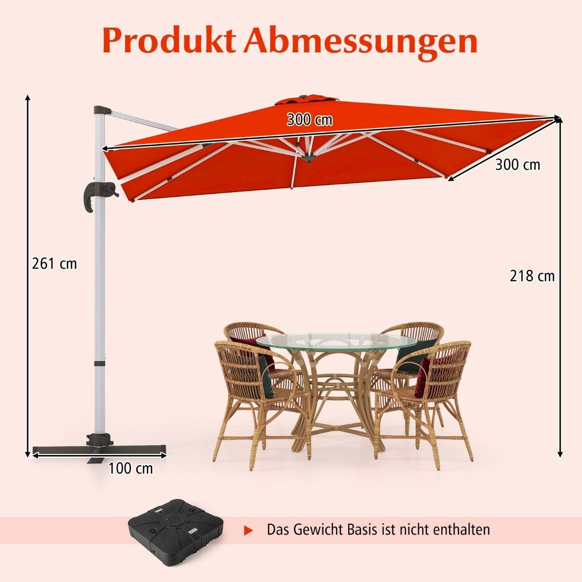 Patio umbrella with cross base & 360° rotation for garden and pool areas 300 x 300 x 261 cm Burgundy