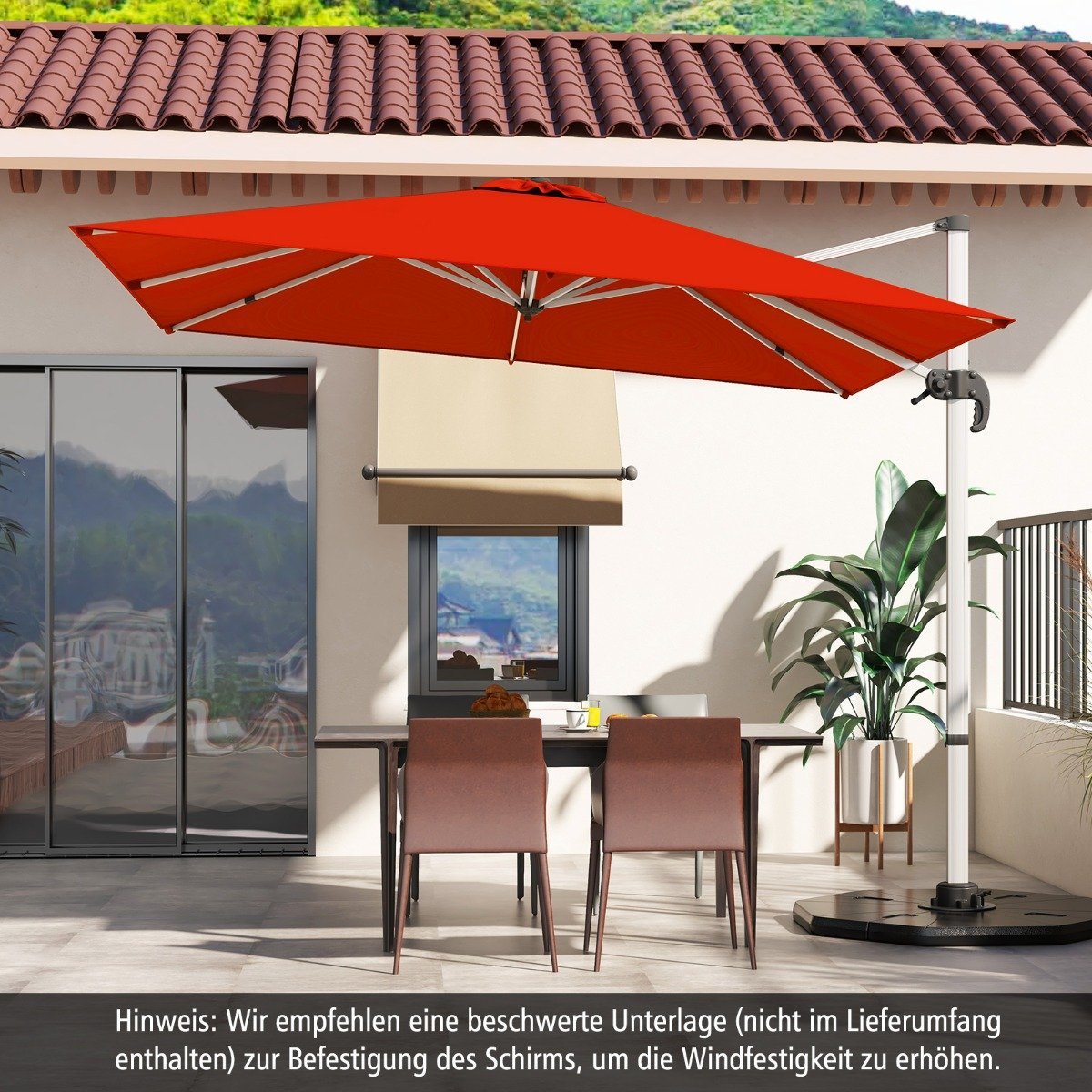 Patio umbrella with cross base & 360° rotation for garden and pool areas 300 x 300 x 261 cm Burgundy