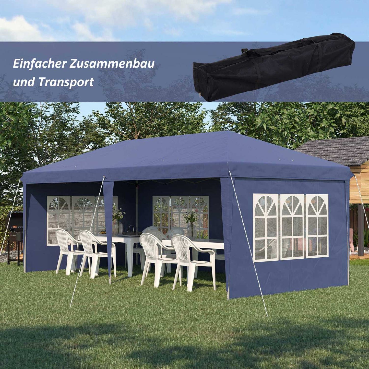 Large pop-up party tent with UV protection, blue, 2.95 x 5.85 m