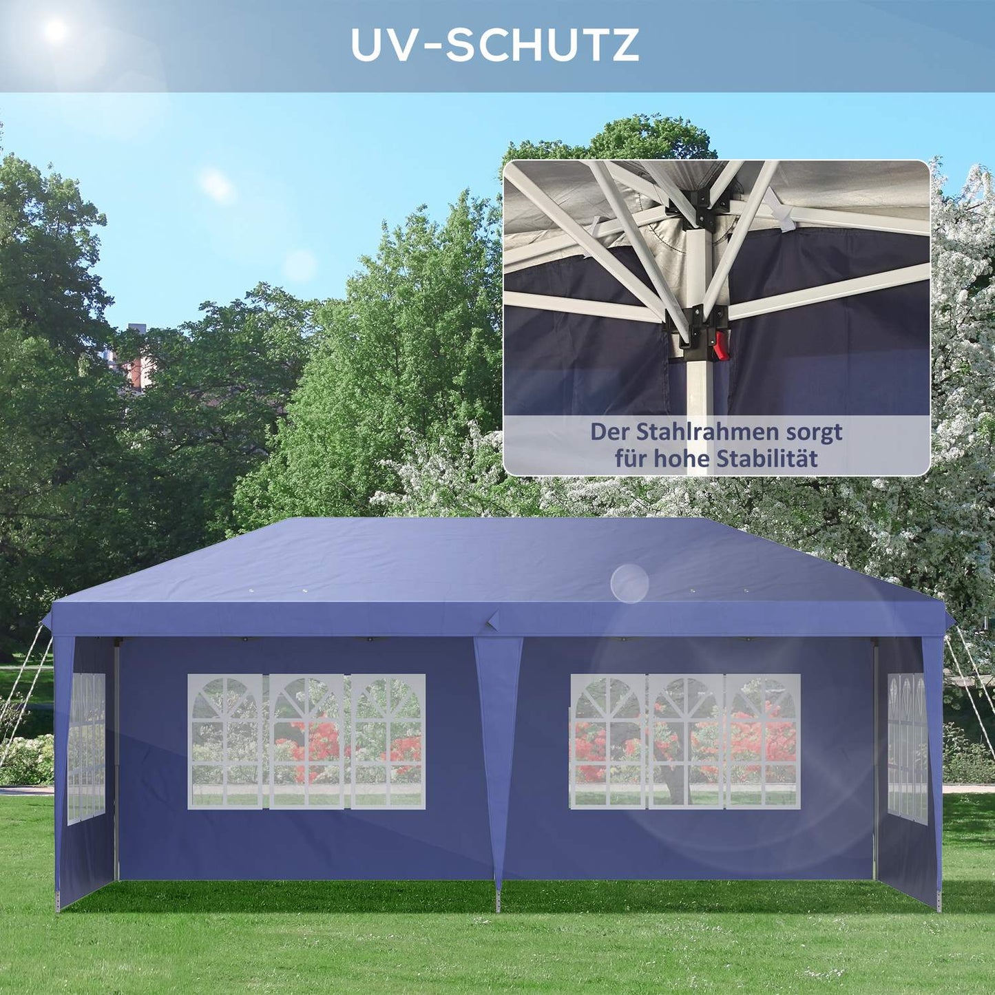 Large pop-up party tent with UV protection, blue, 2.95 x 5.85 m