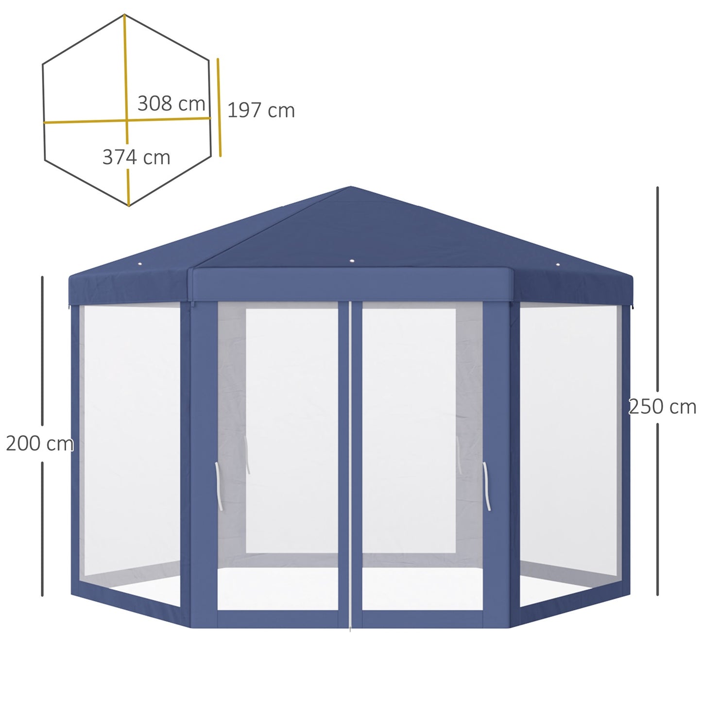 Hexagonal garden pavilion with mosquito net - blue, 195x250x250 cm