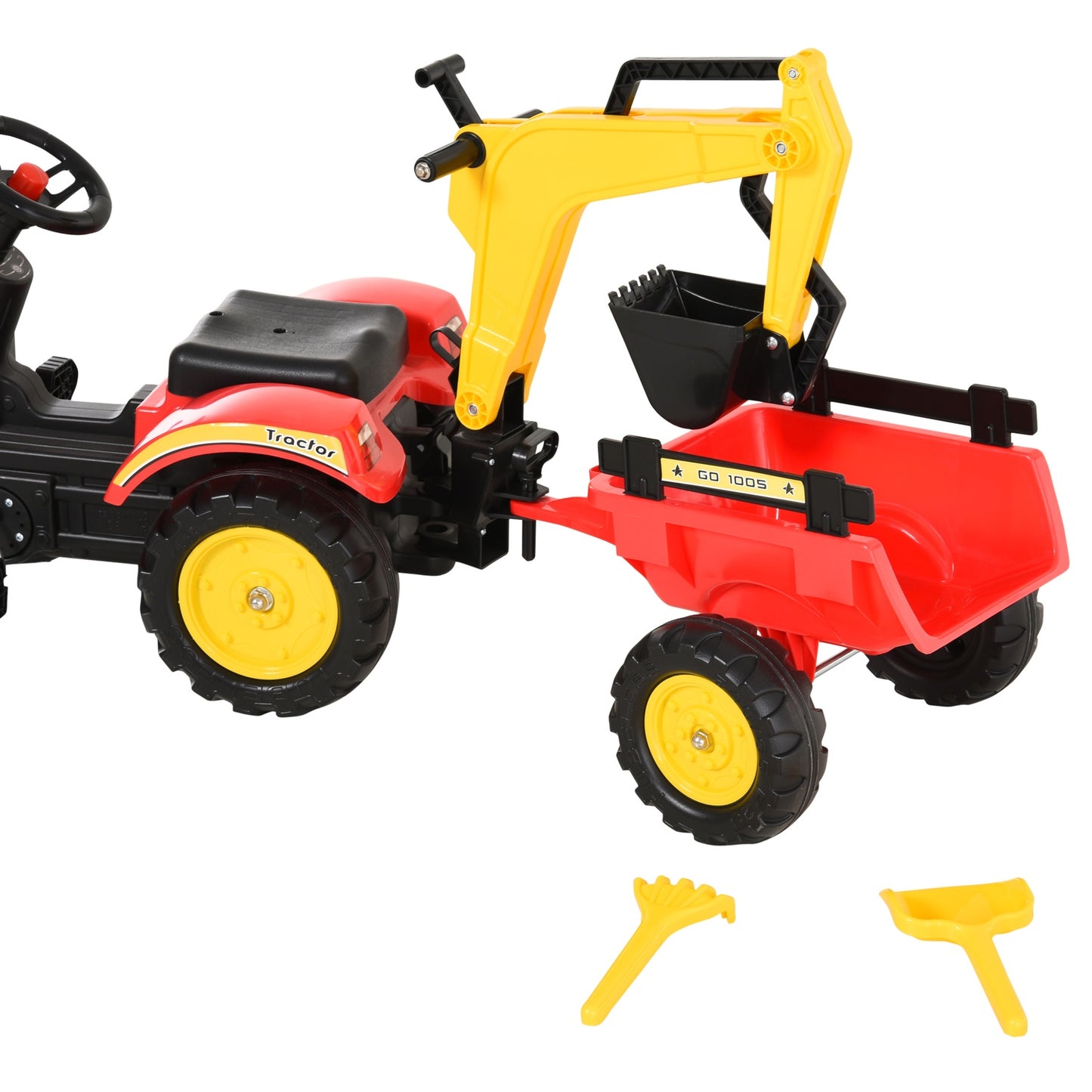 Pedal tractor for children with trailer and front loader, red