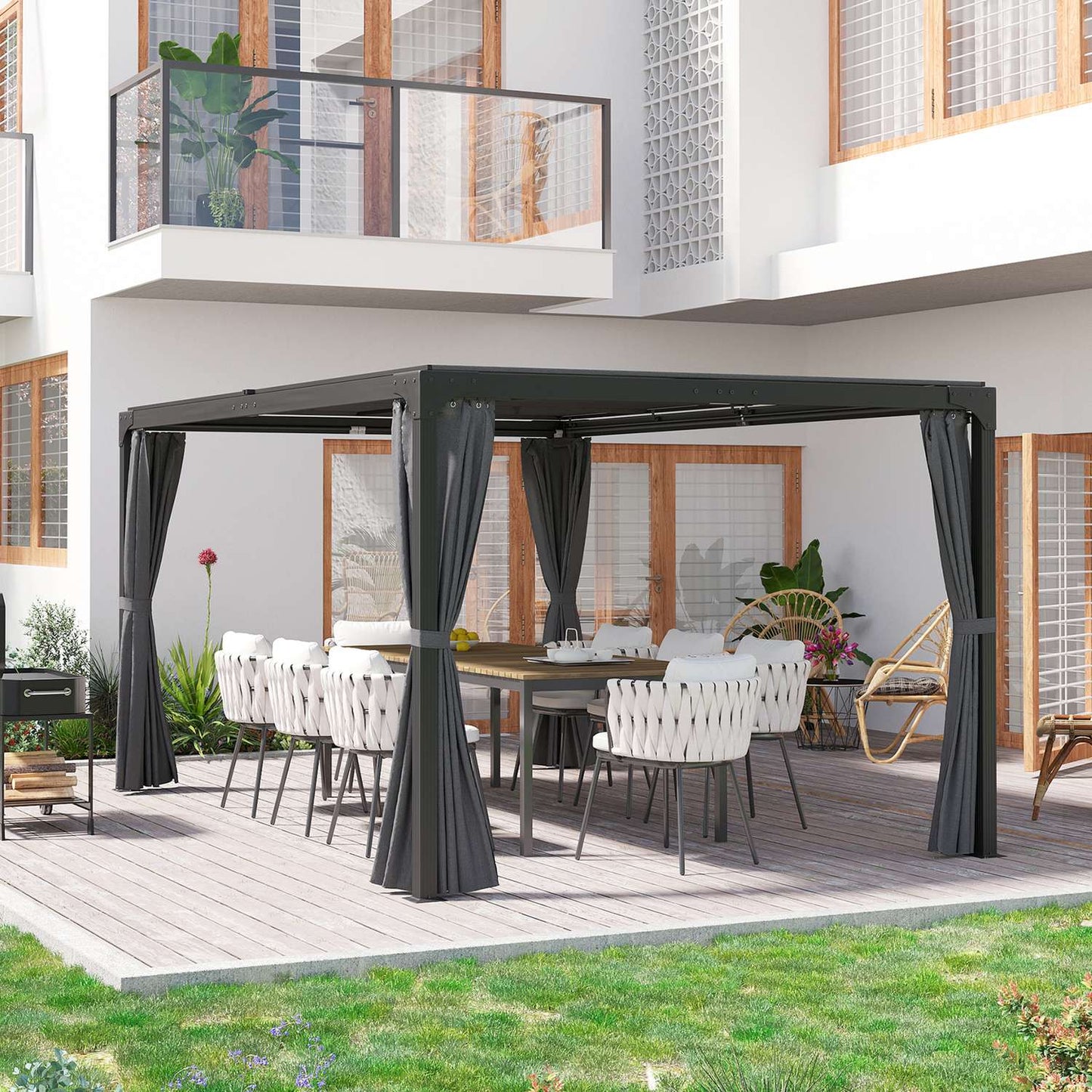 Pergola with retractable roof and curtains, 4.2x2.95m, dark grey