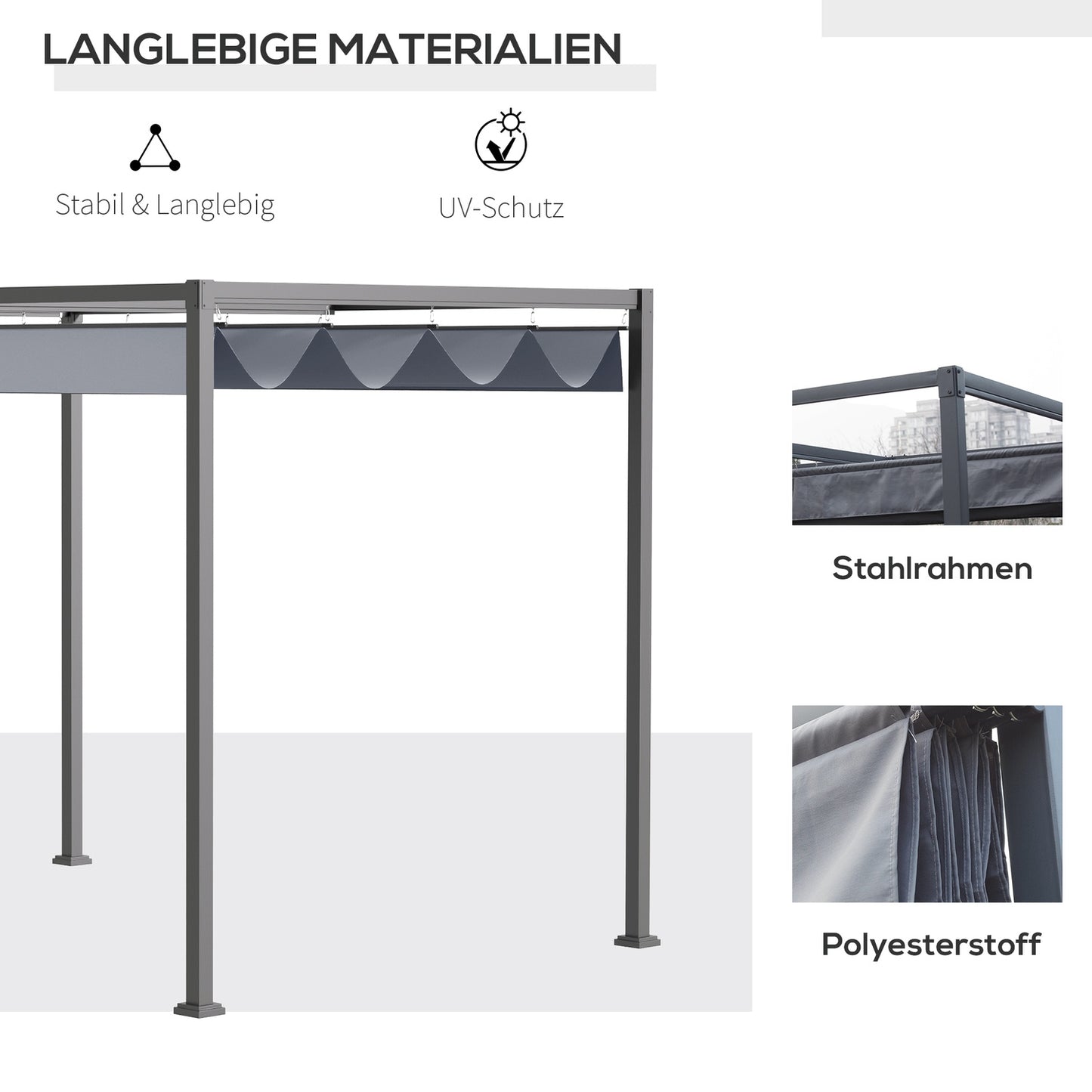 Steel pergola 4x3m with adjustable roof, dark grey