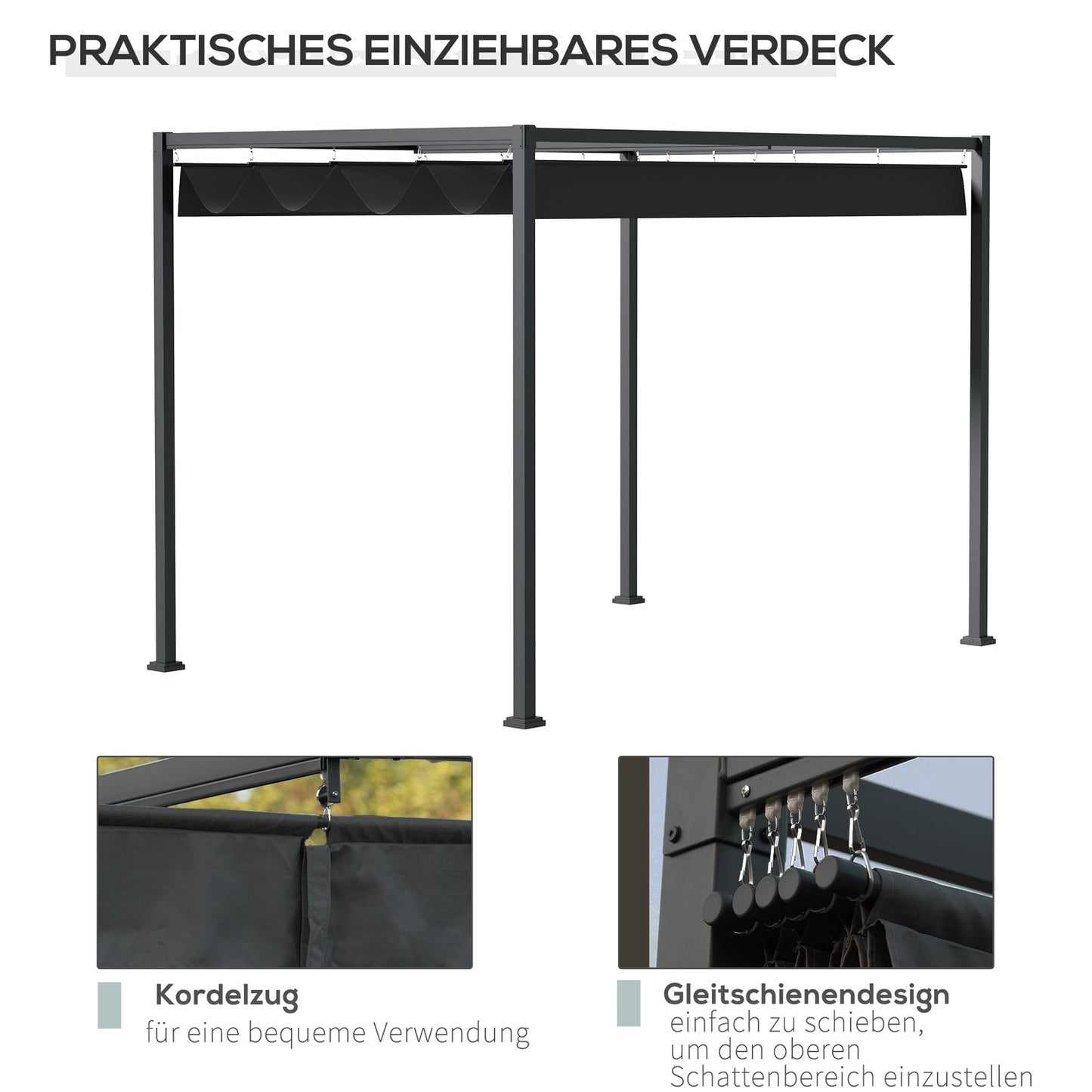 Pergola Gazebo with adjustable canopy, black & gray polyester