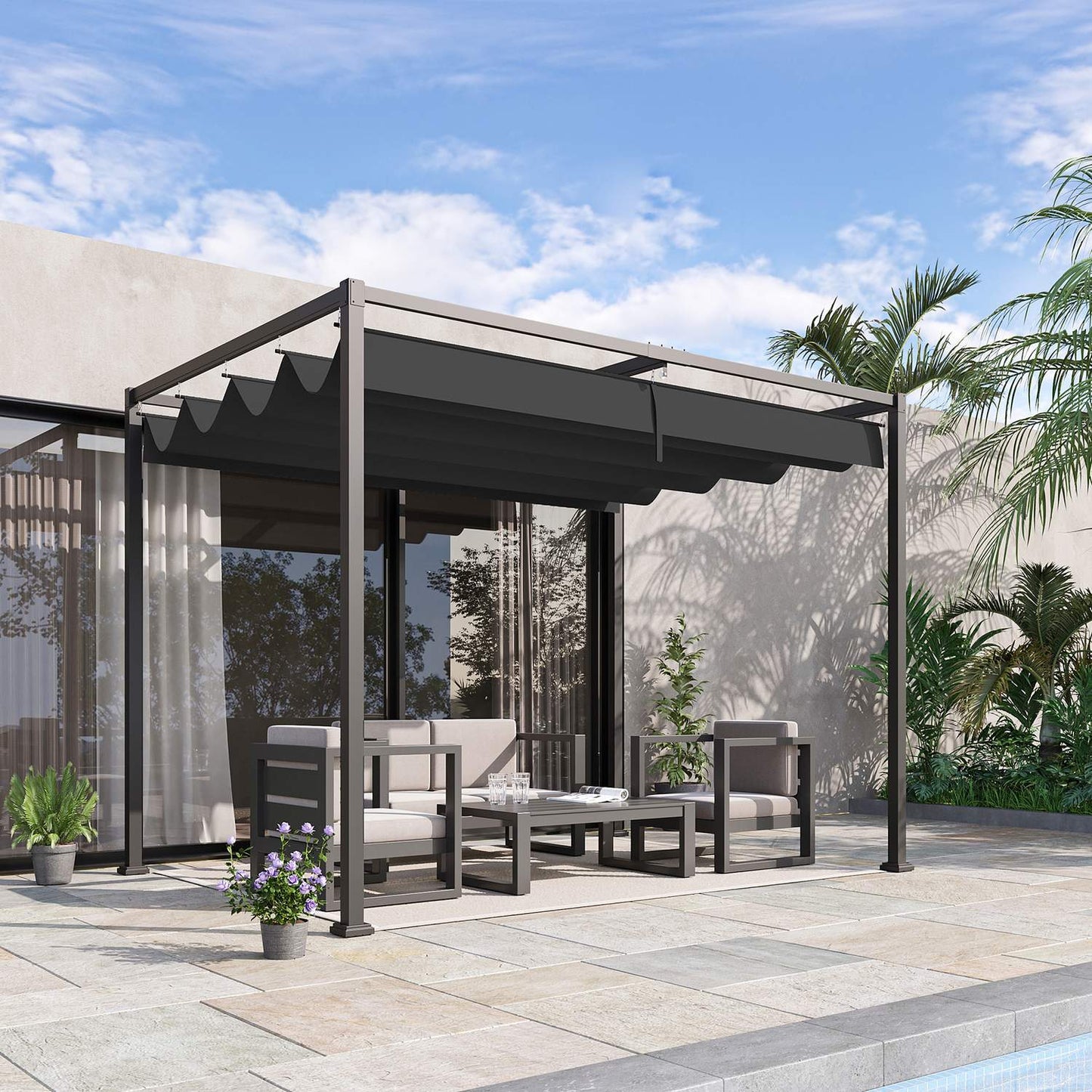 Pergola Gazebo with adjustable canopy, black & gray polyester