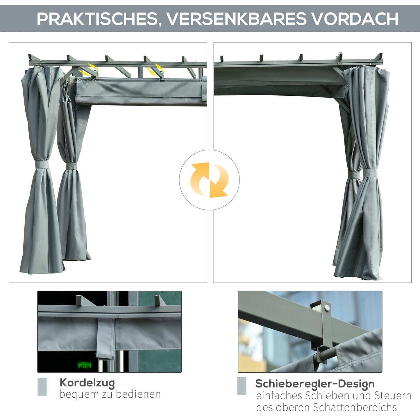 Weatherproof Steel Pergola Gazebo, Adjustable Roof, Grey, 3.6x3M