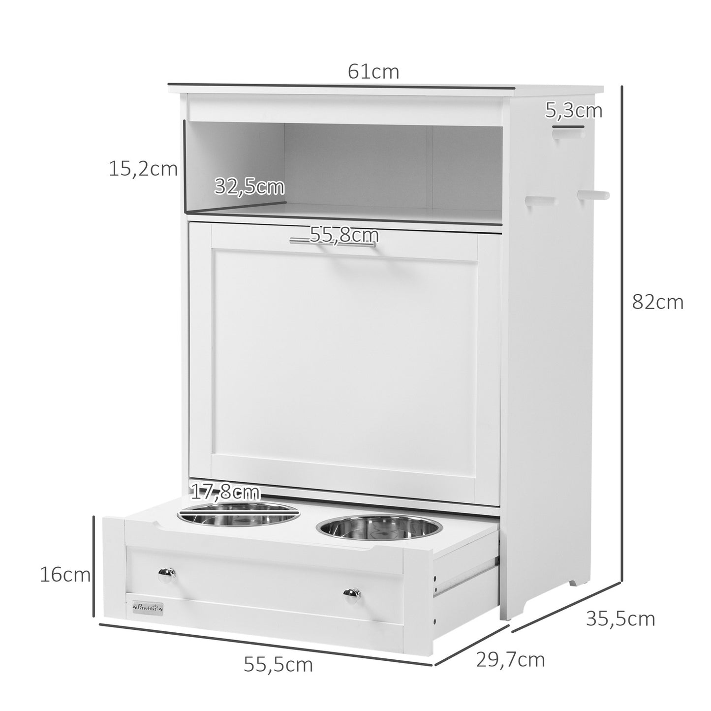 Pet food cabinet with bowls and storage, 61 x 35.5 x 82 cm