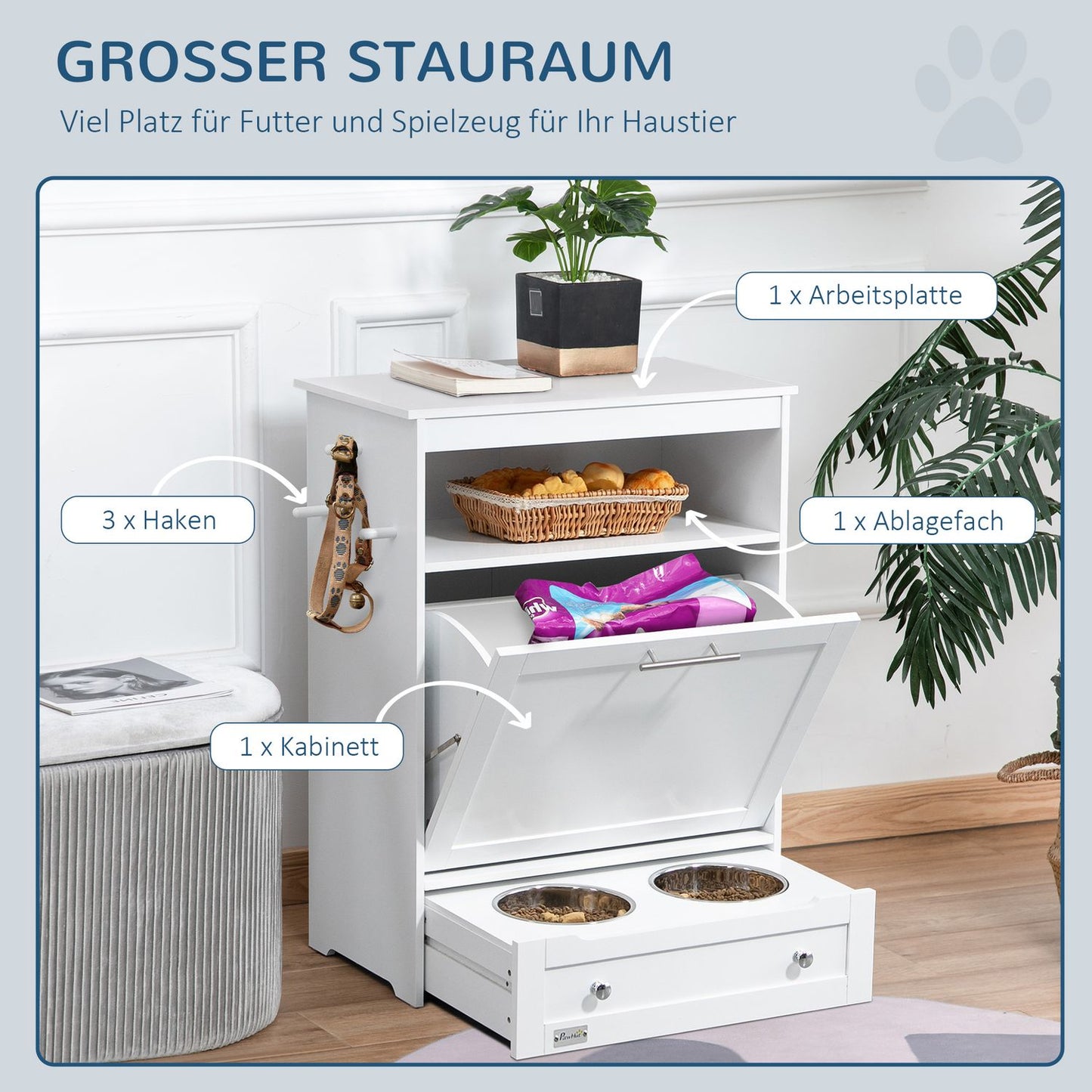Pet food cabinet with bowls and storage, 61 x 35.5 x 82 cm