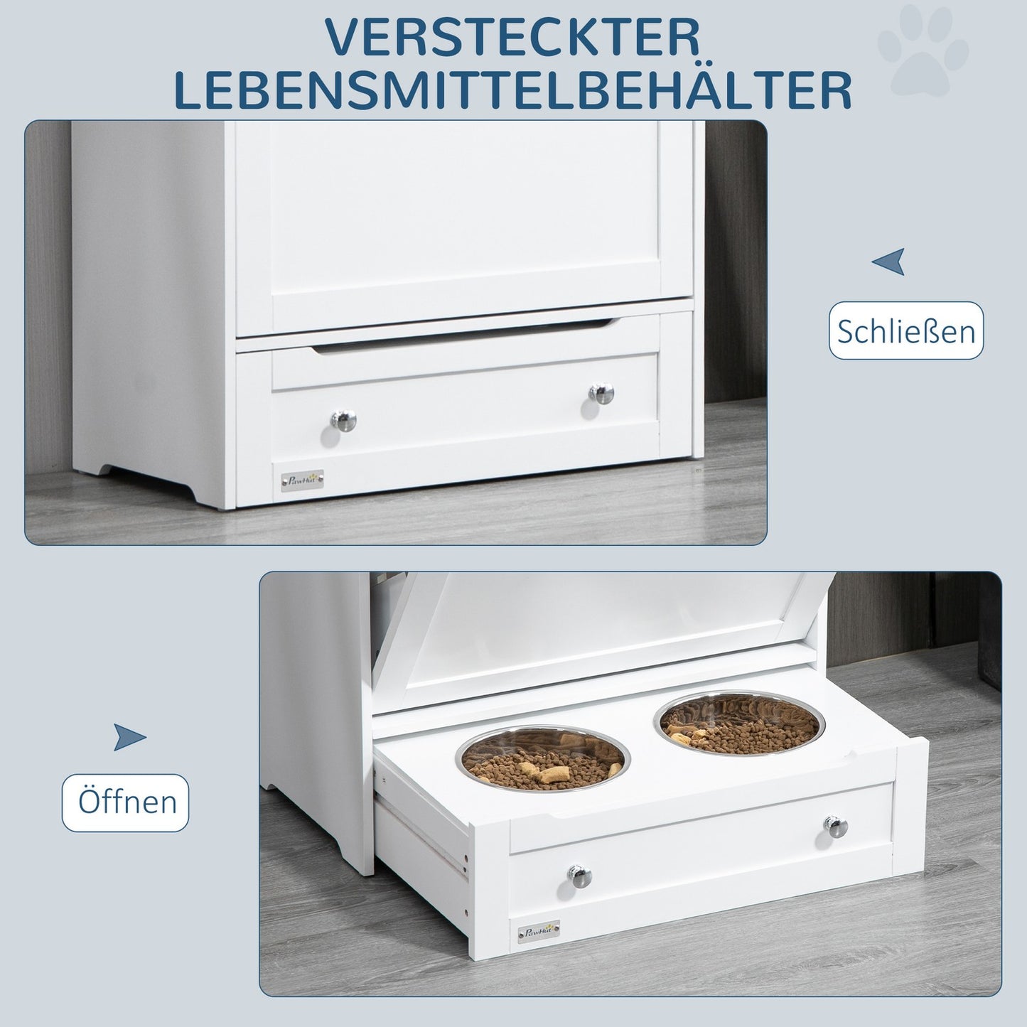 Pet food cabinet with bowls and storage, 61 x 35.5 x 82 cm