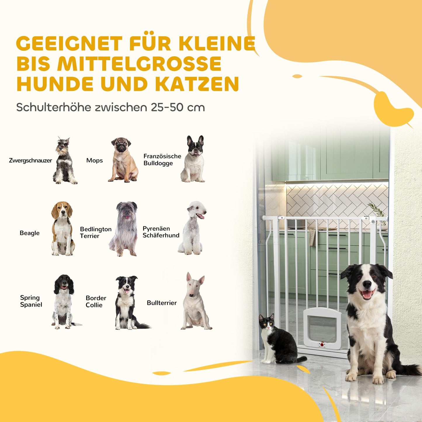 Pet Safety Gate with Cat Flap, No Drill, 75-85 cm, Steel