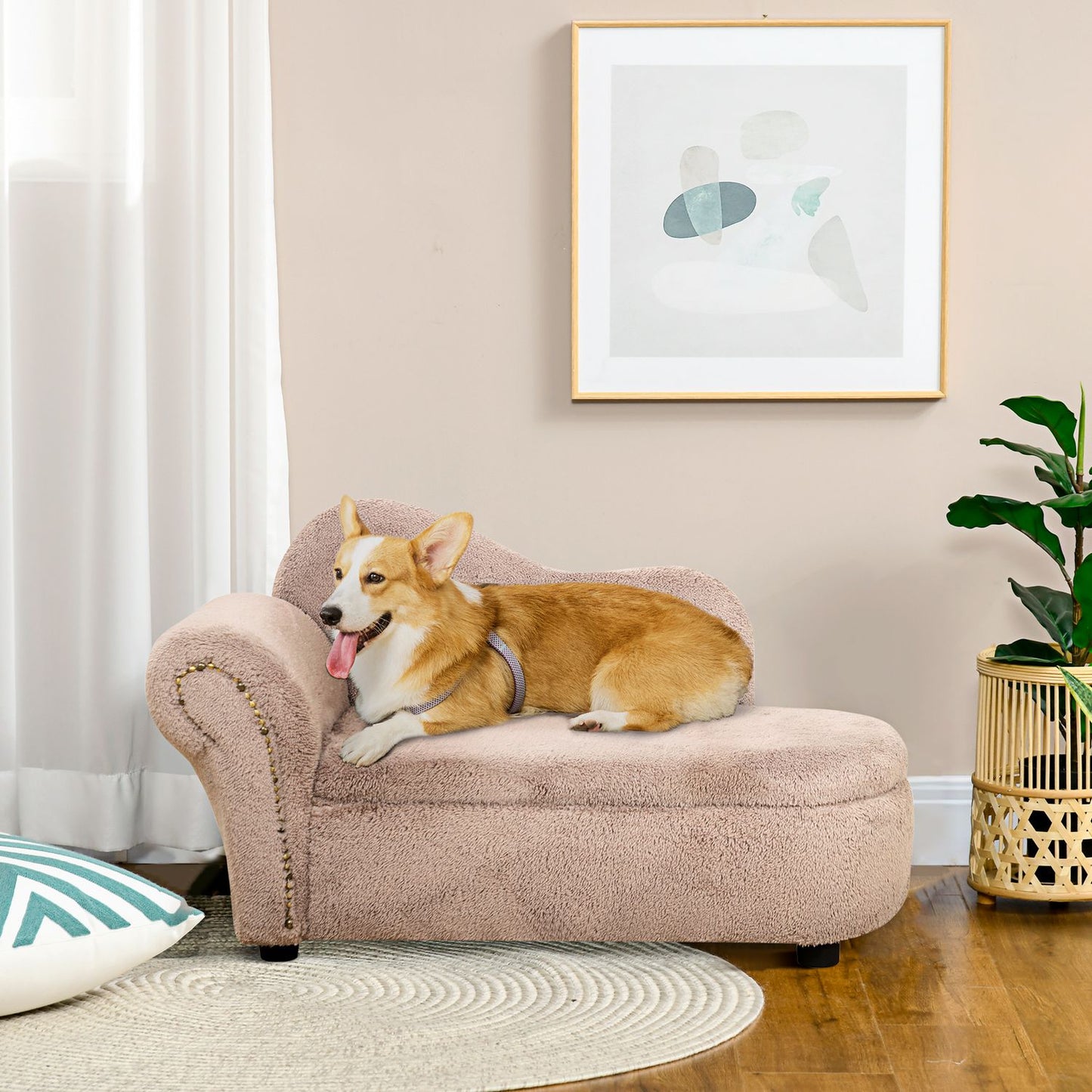 Dog bed sofa with hidden storage, robust cover, beige 80x40x46cm