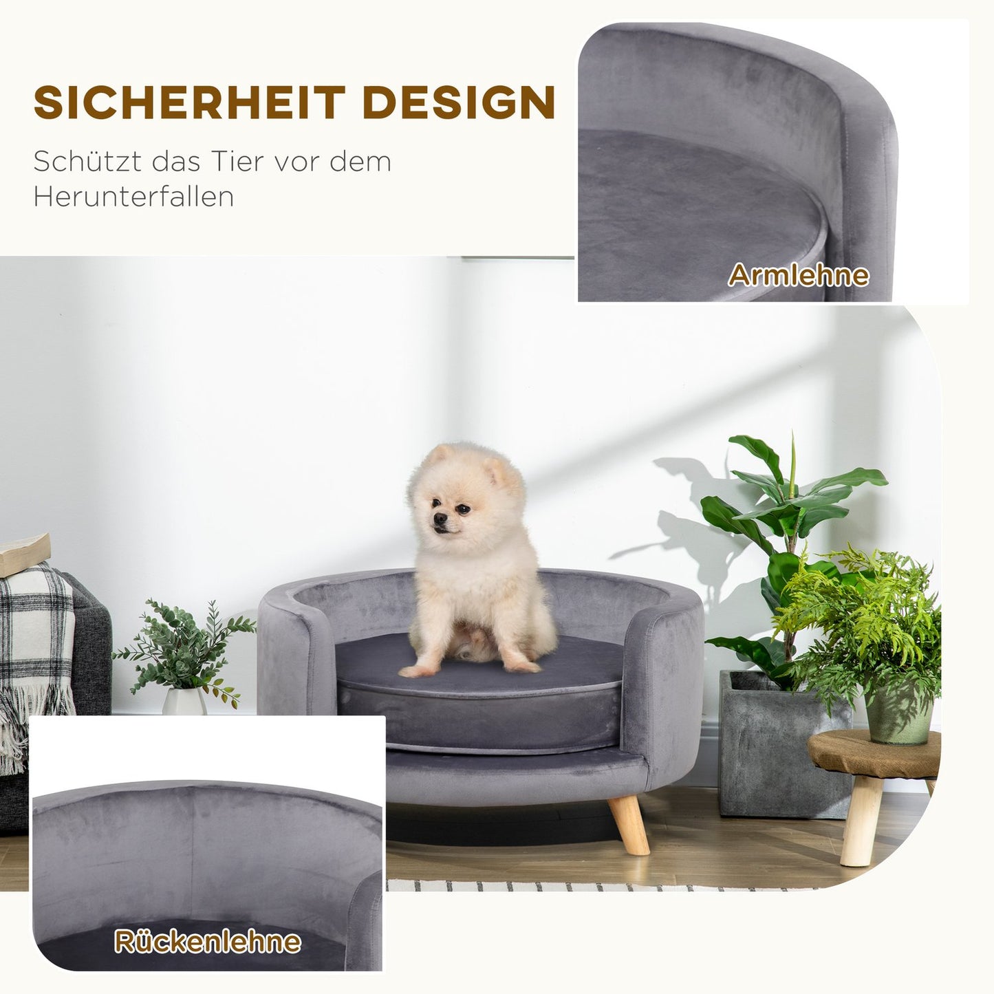 Medium Dog sofa with wooden frame, Grey, 68x68x35cm