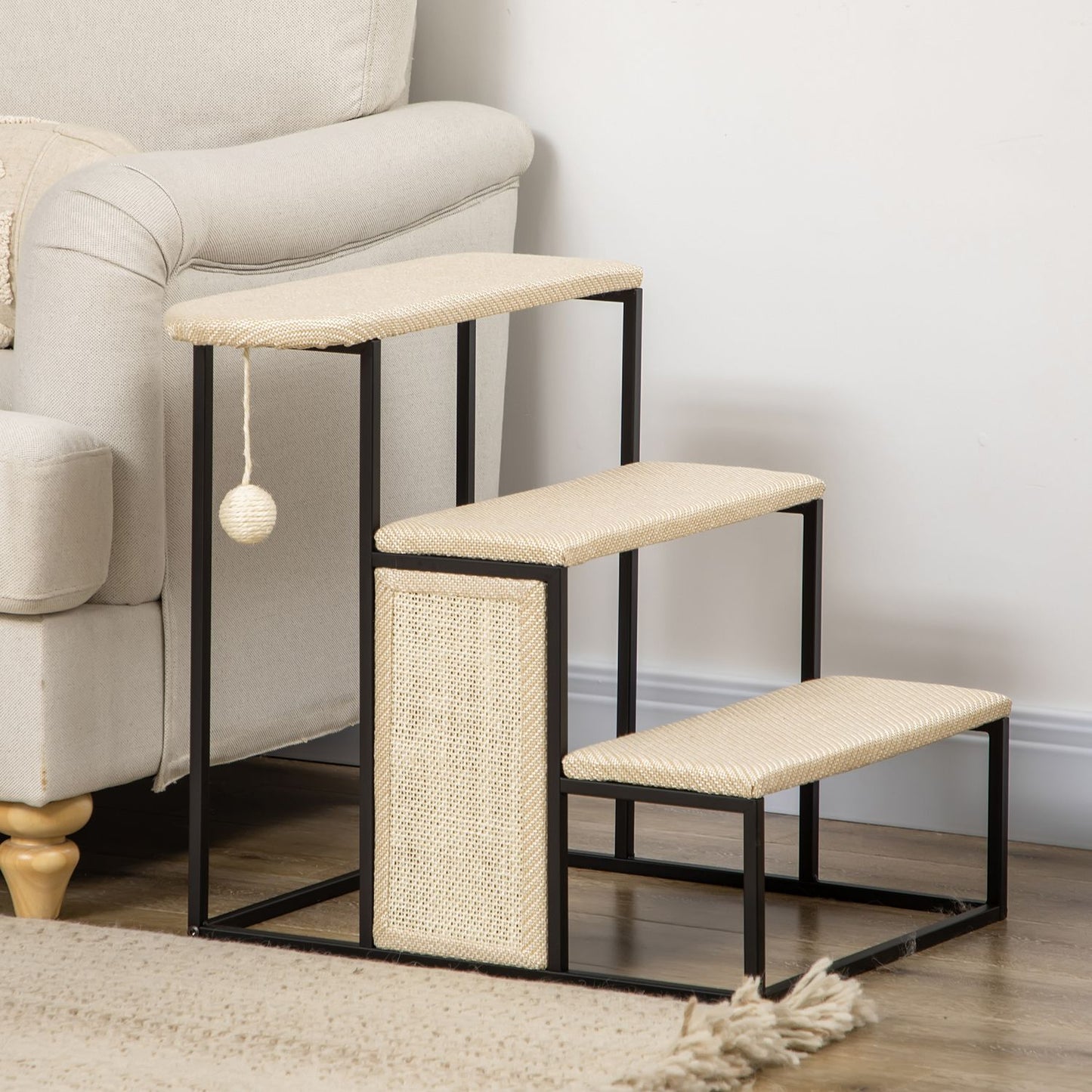 3-step pet stairs with scratching board and play ball