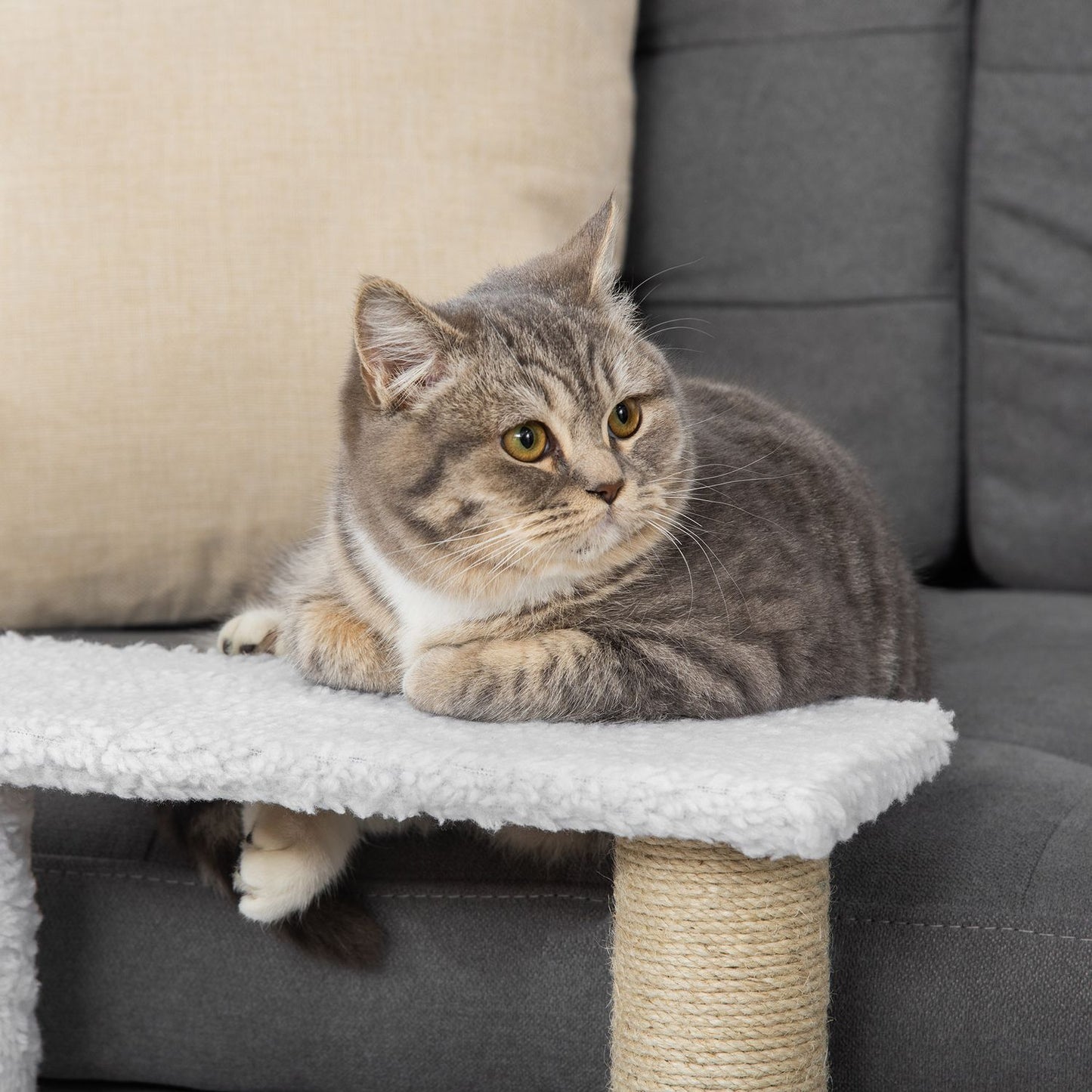 Pet stairs and scratching post, 3 steps, plush/jute, white