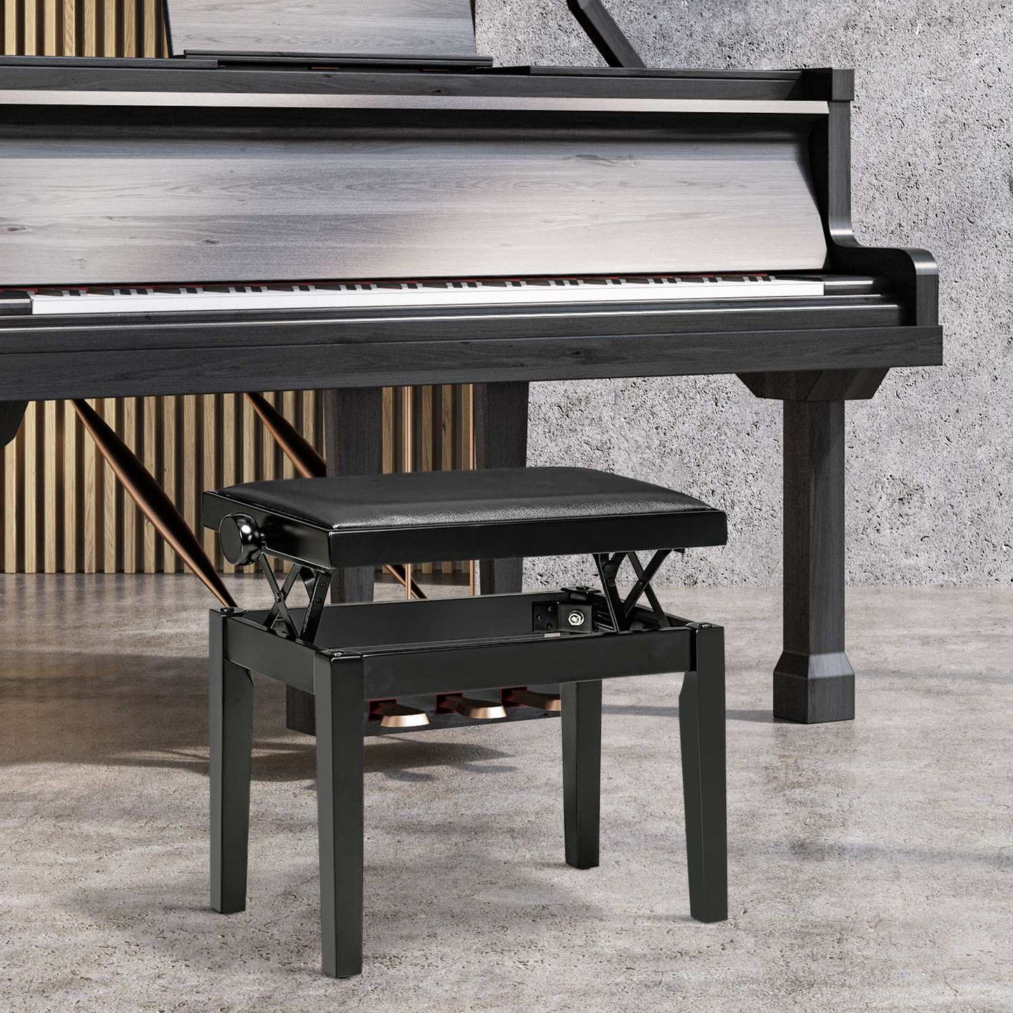 Height-adjustable piano bench with leather cushion, black