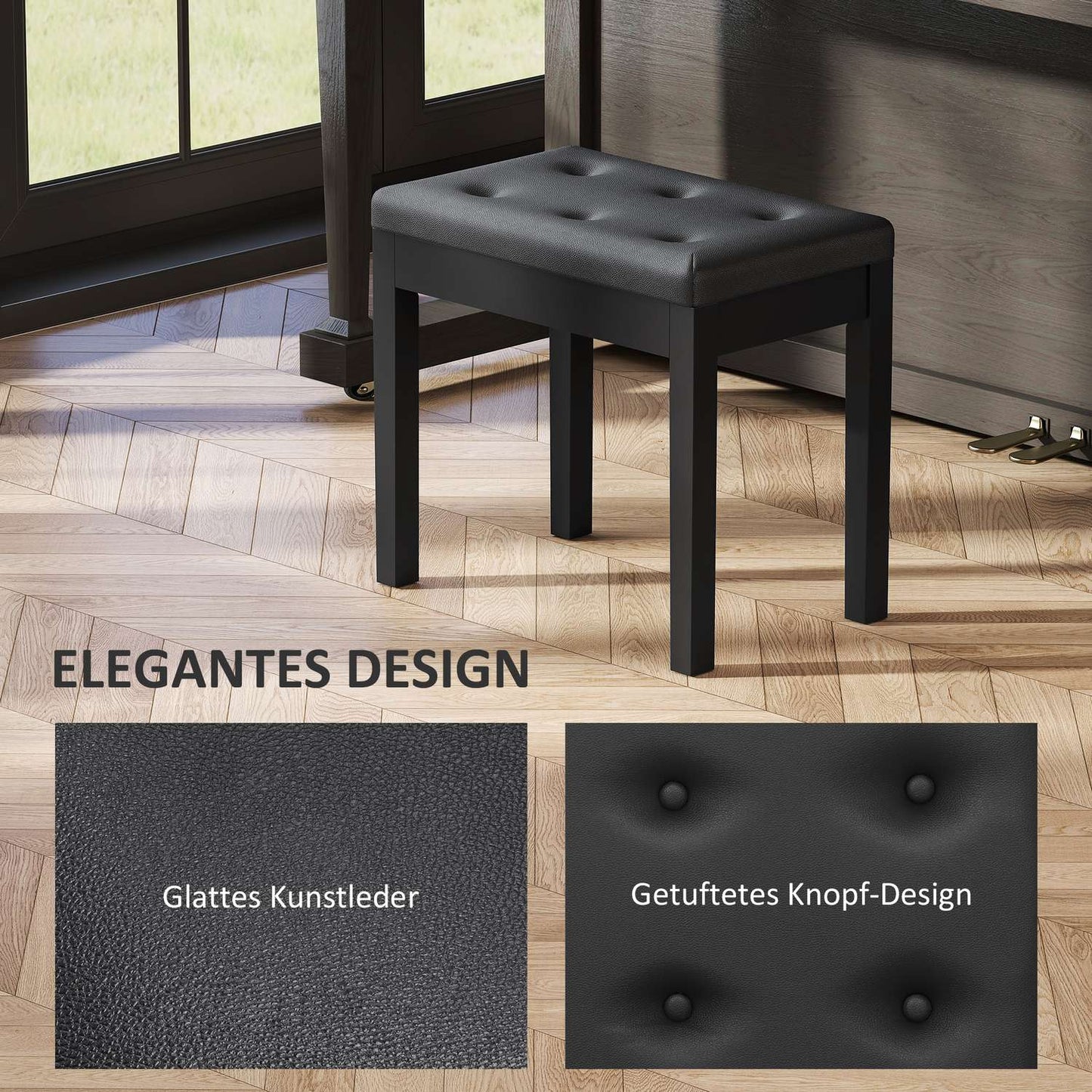 Piano bench, faux leather cover, quilted buttons, storage space, wooden legs, black