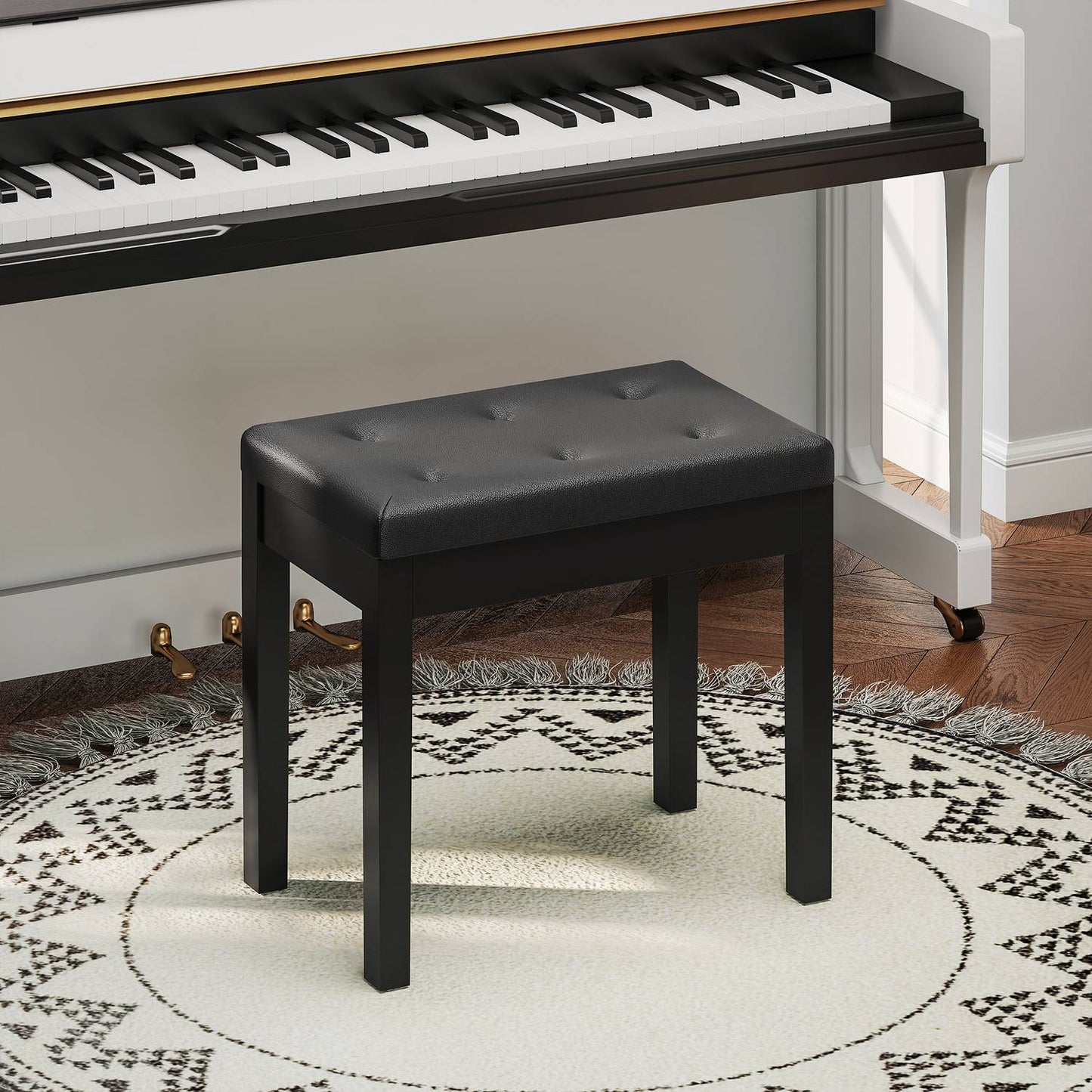 Piano bench, faux leather cover, quilted buttons, storage space, wooden legs, black