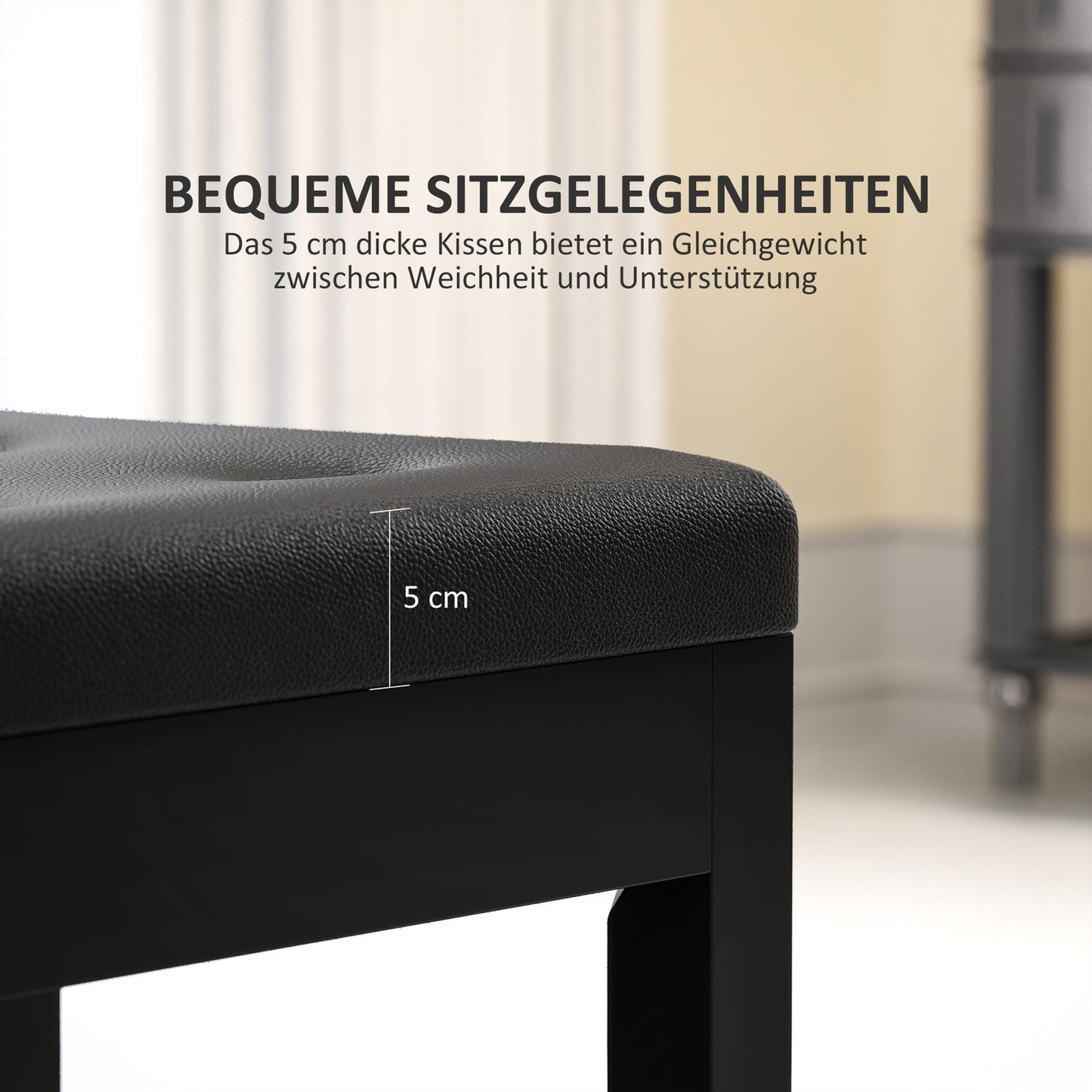 Piano bench, faux leather cover, quilted buttons, storage space, wooden legs, black