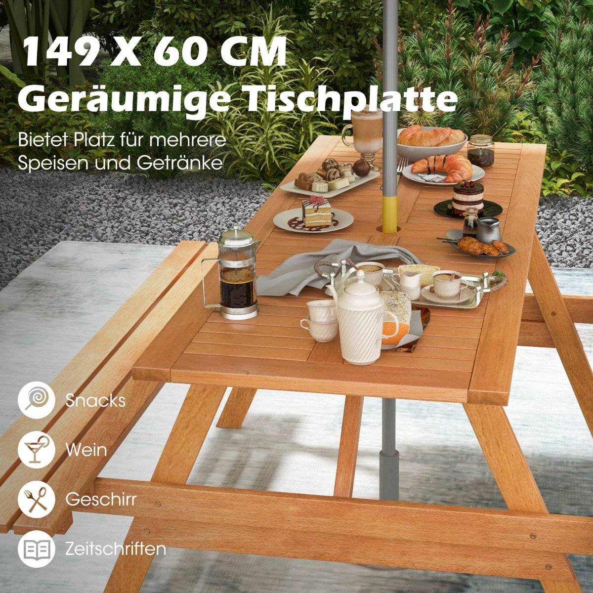 Picnic table for 6 people, rectangular garden table with 2 integrated benches and umbrella hole 150 x 139 x 75 cm natural