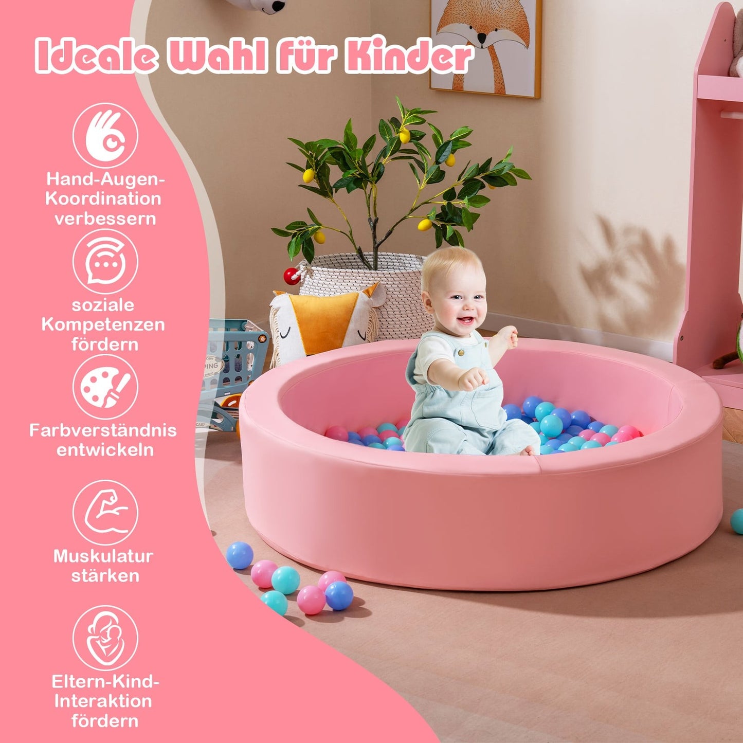 Pink Foam Ball Pit with 200 Ocean Balls, Washable Cover