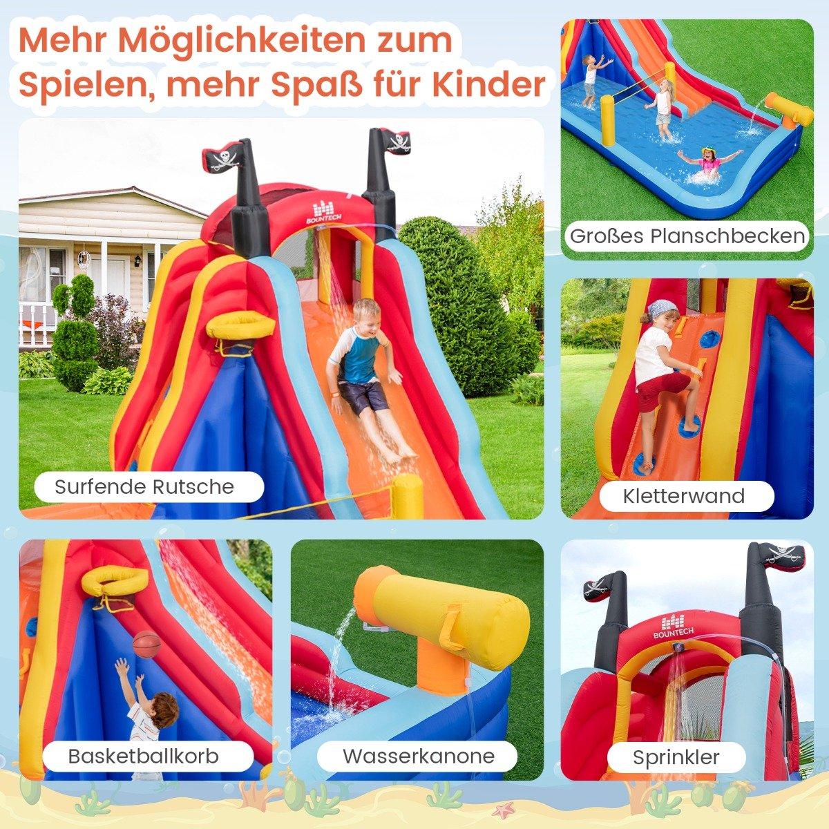 Pirate-themed 5 in 1 inflatable water park with slide, paddling pool, basketball hoop & climbing wall without blower
