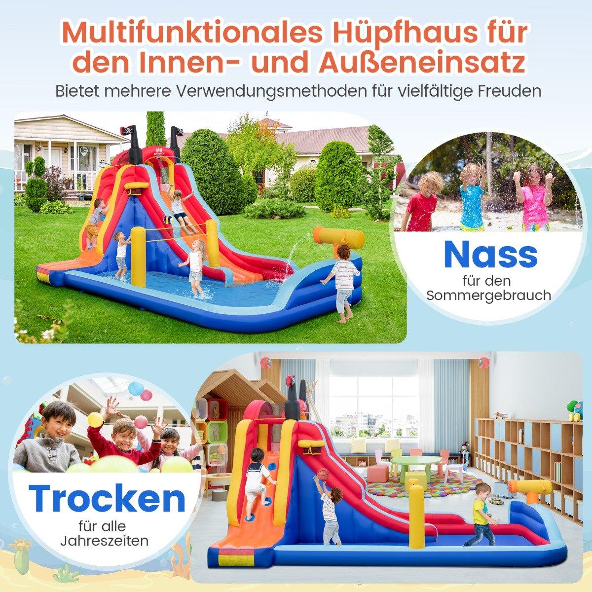Pirate-themed 5 in 1 inflatable water park with slide, paddling pool, basketball hoop & climbing wall without blower