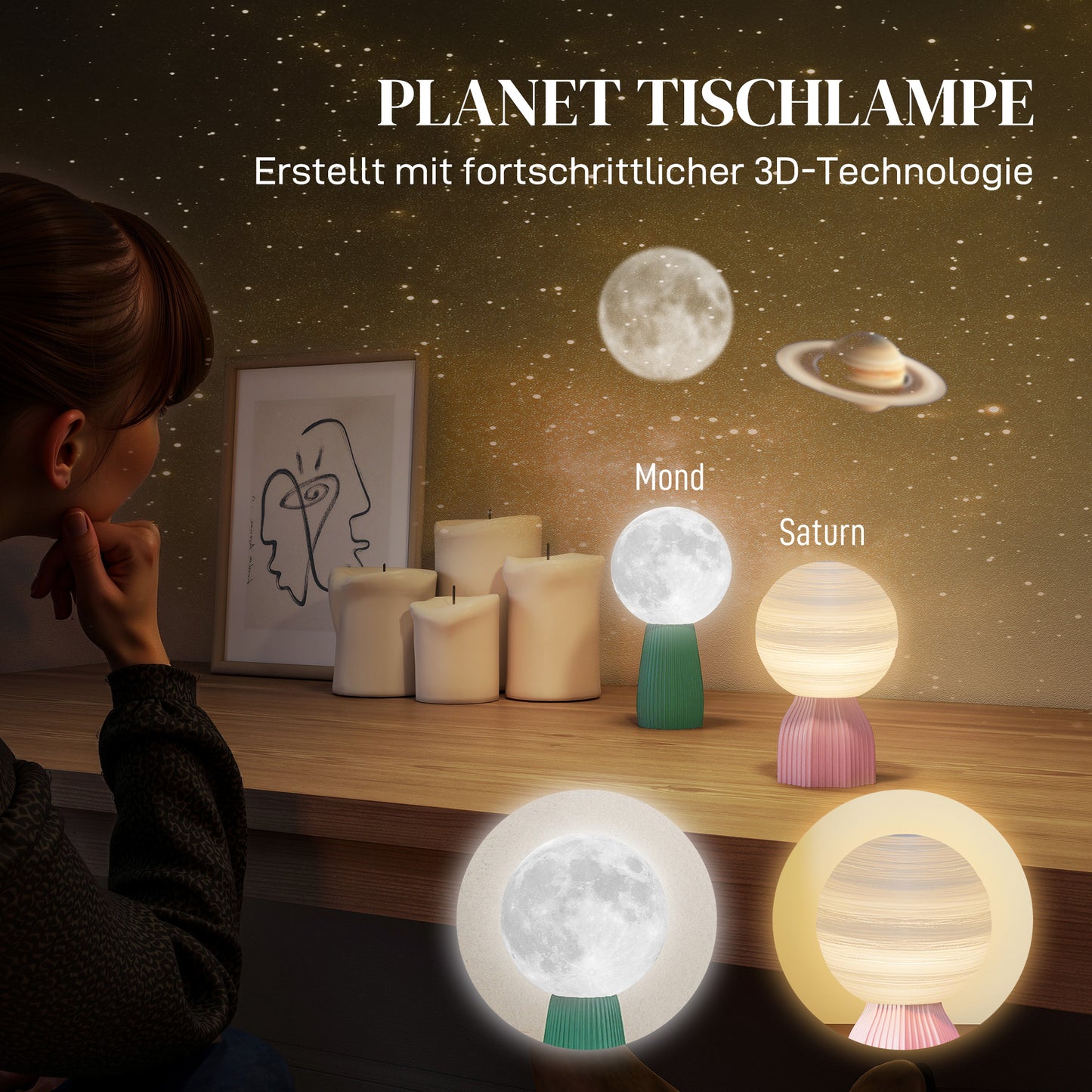 Planet-Themed Table Lamp Set, 3 Colors, USB-Powered