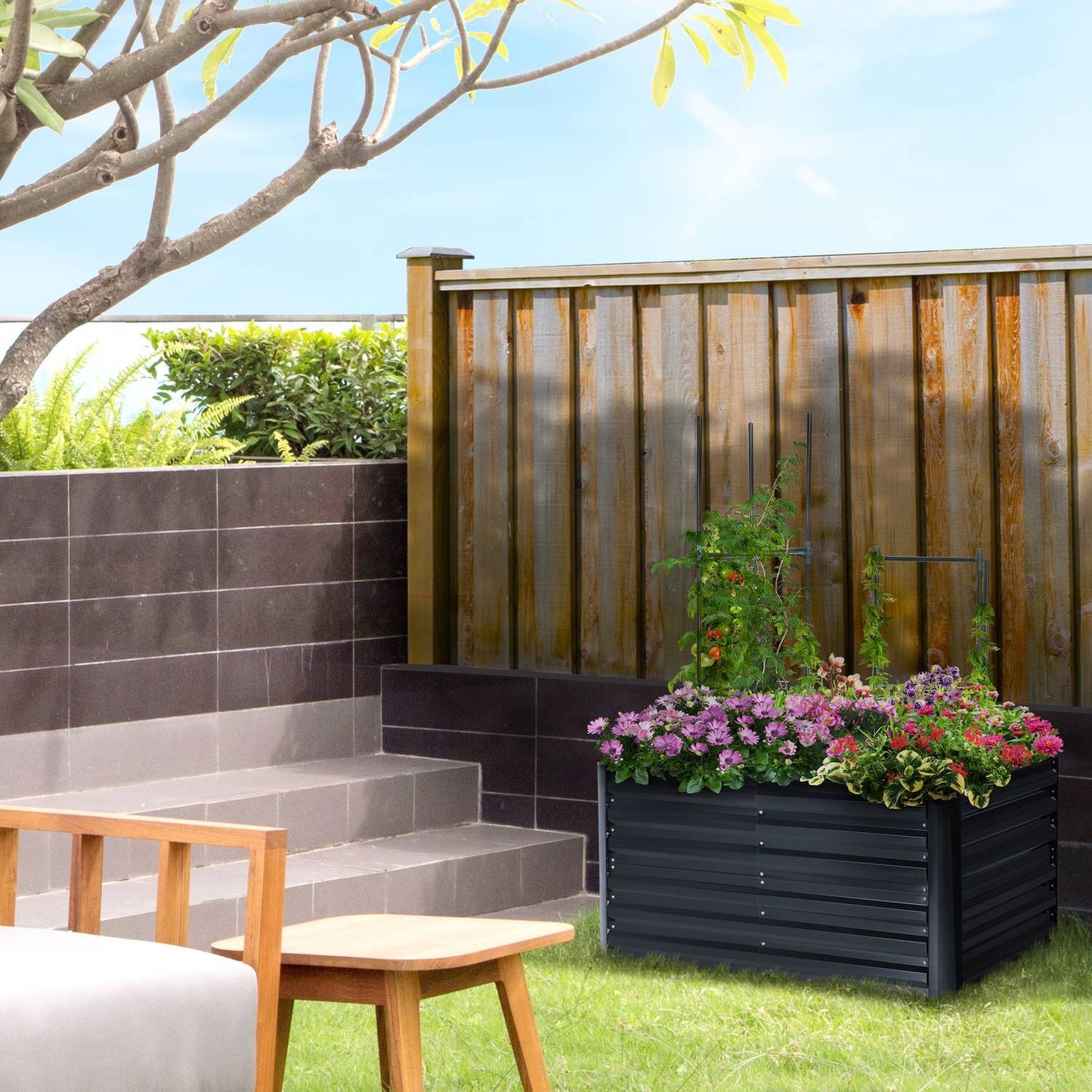 Plant box Raised bed set with support, steel, 3-part, dark grey