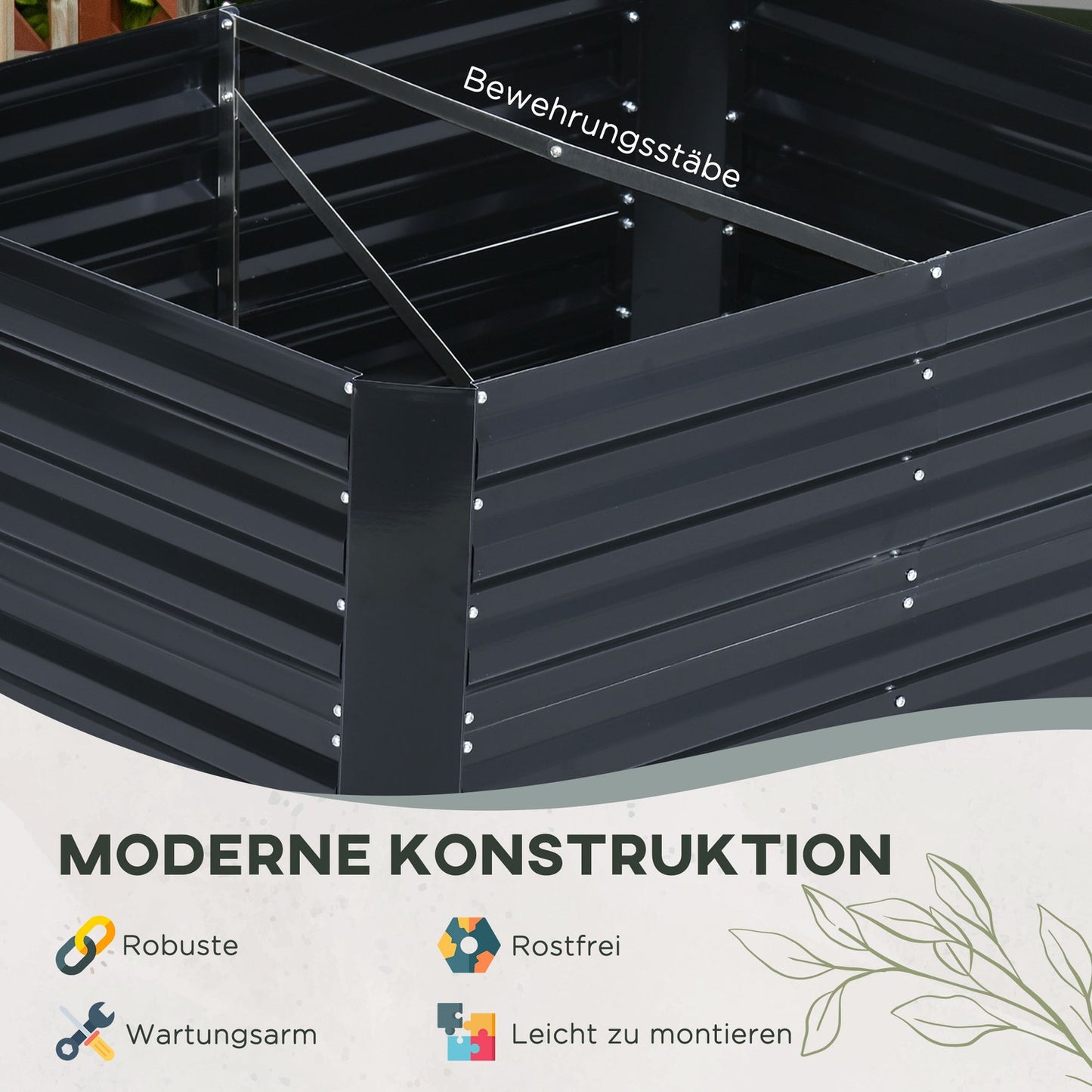 Plant box Raised bed set with support, steel, 3-part, dark grey