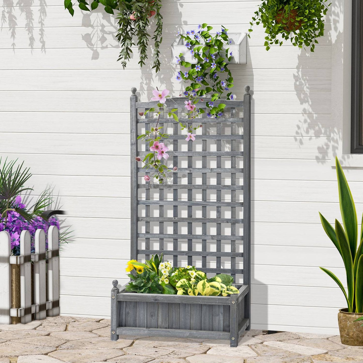 Wooden planter box with trellis, light grey, 64x28x120cm
