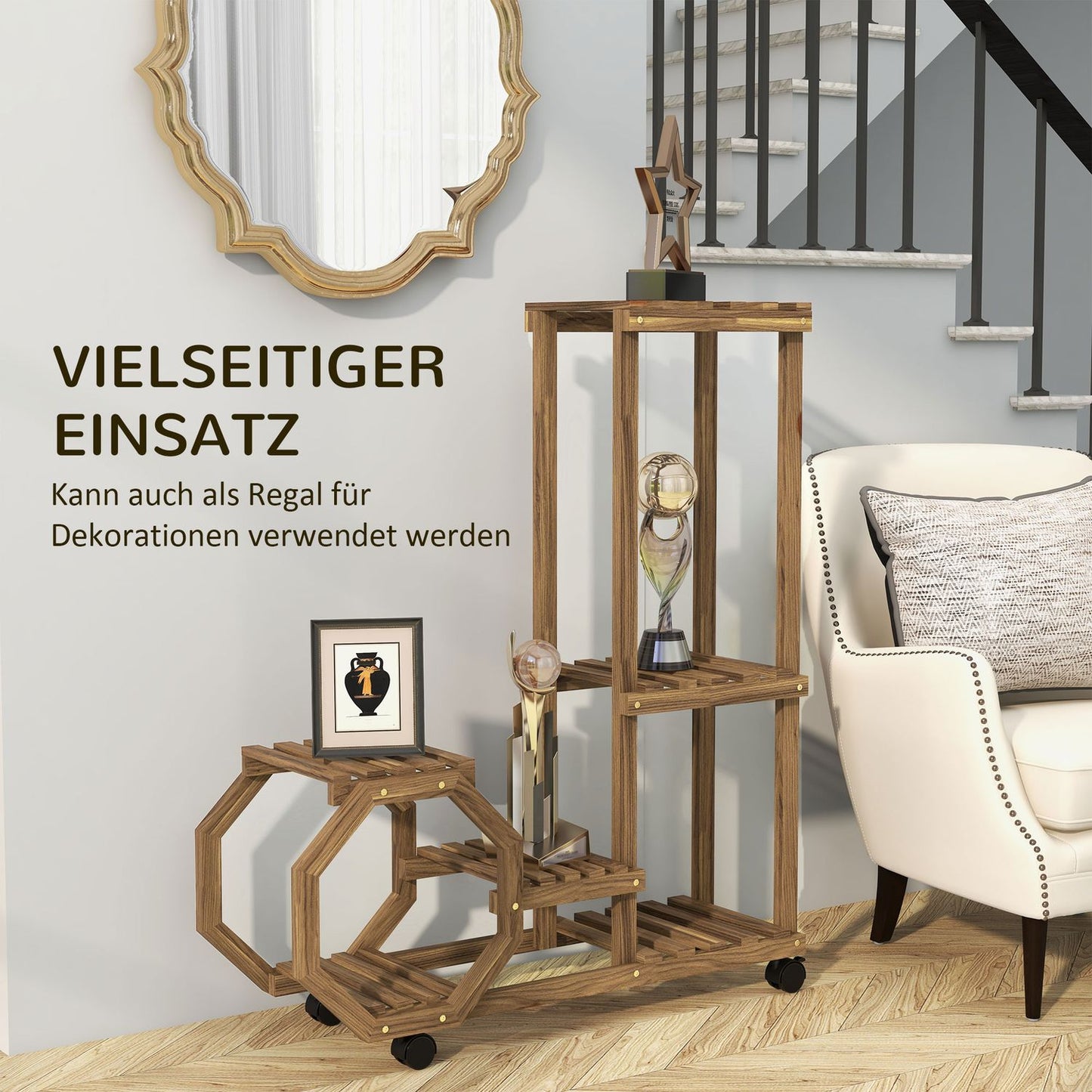 Wooden plant stand with wheels, 5 tiers, charred finish