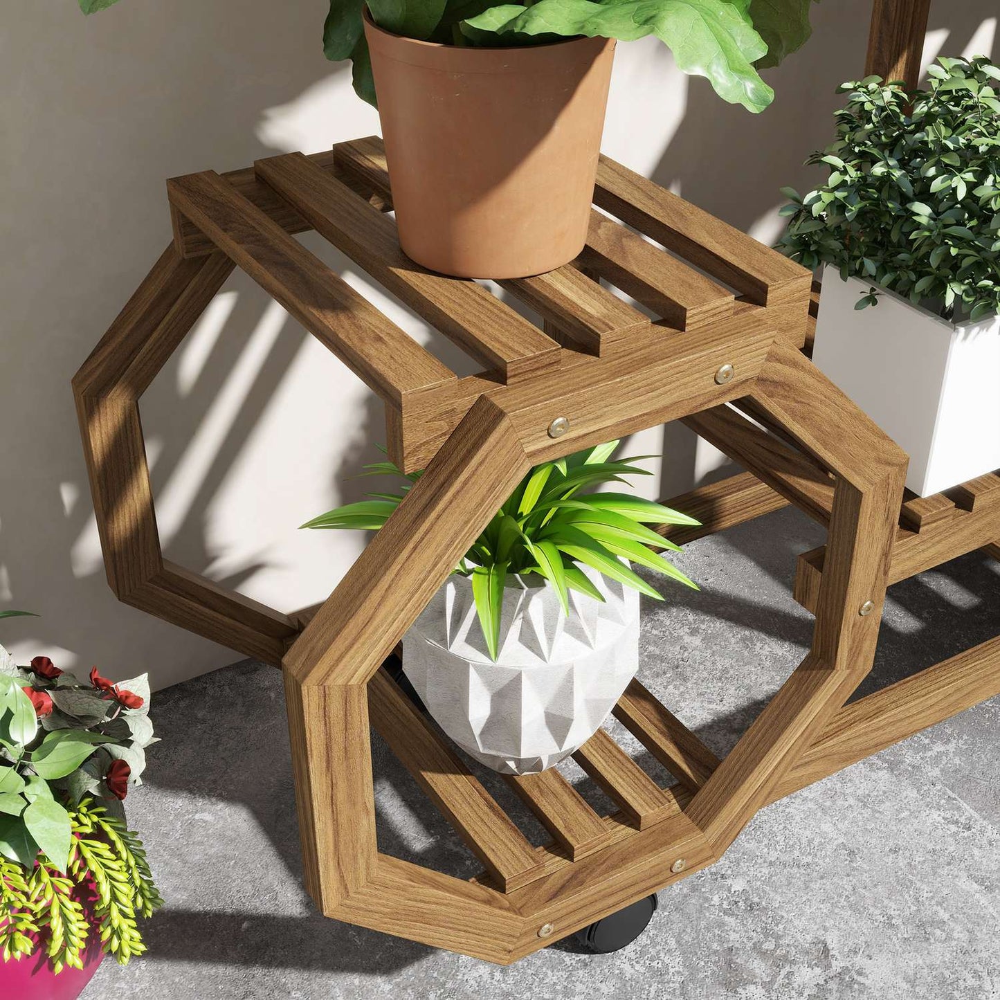 Wooden plant stand with wheels, 5 tiers, charred finish