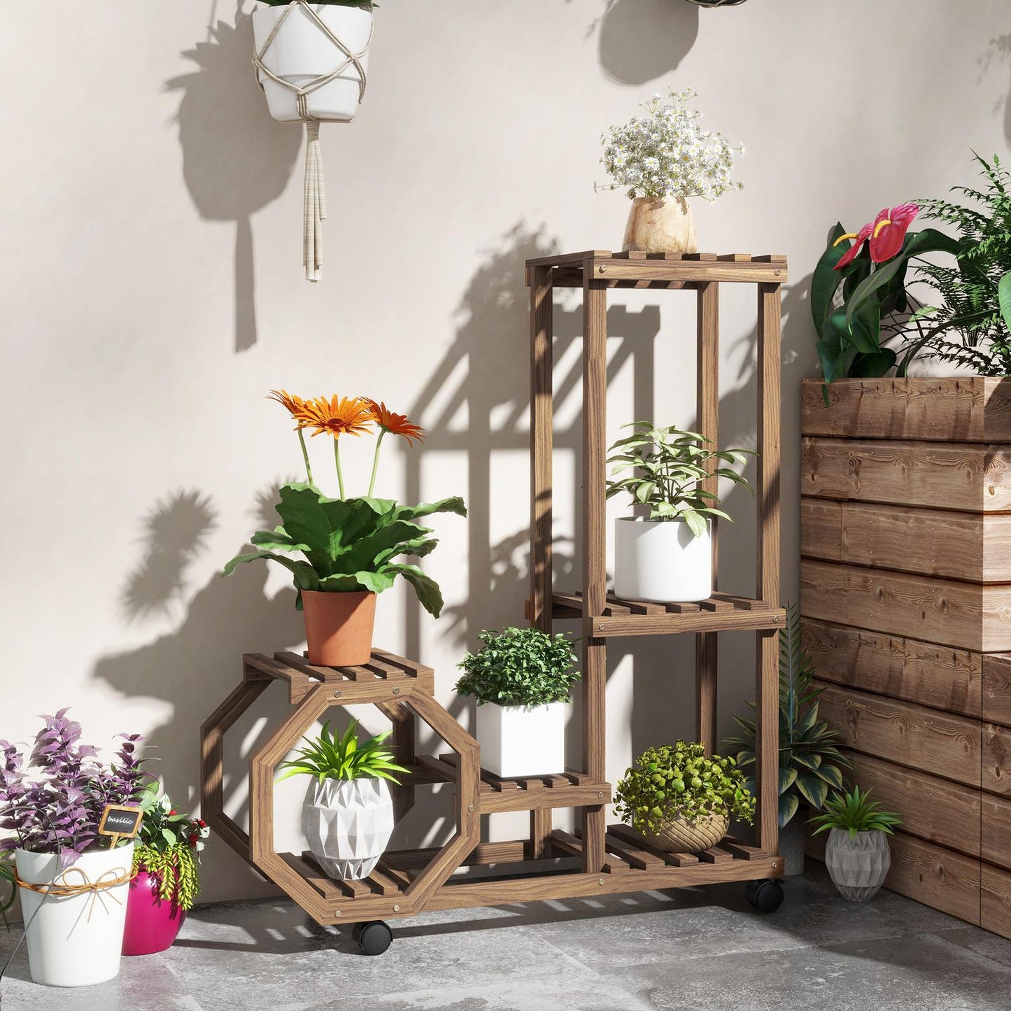 Wooden plant stand with wheels, 5 tiers, charred finish