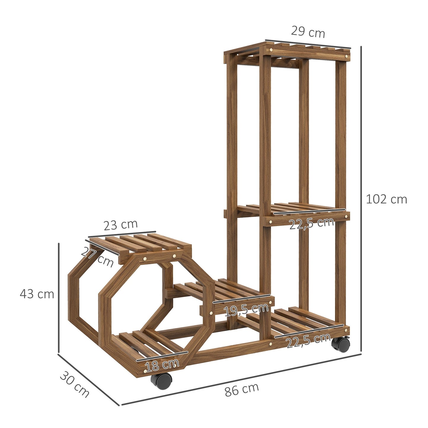 Wooden plant stand with wheels, 5 tiers, charred finish