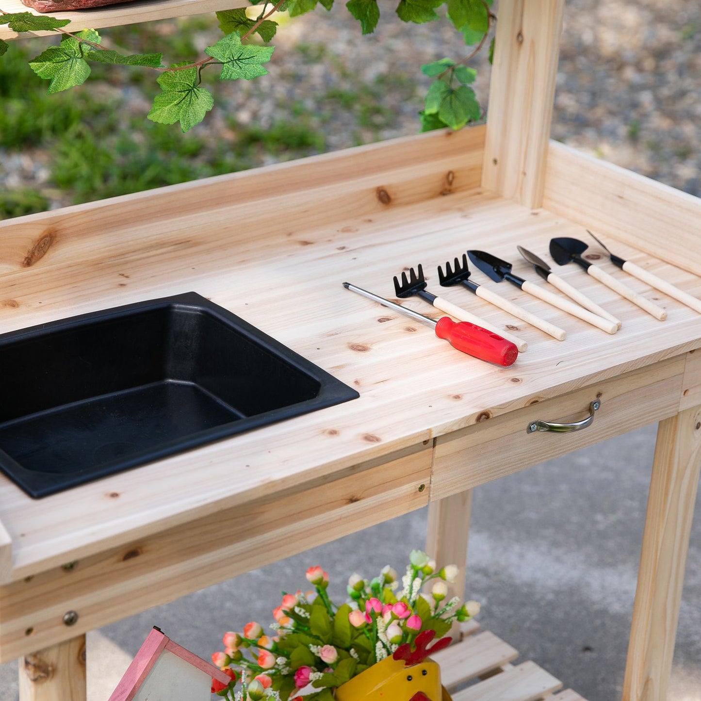 Wooden garden pot table with sink and wheels - 2-tier