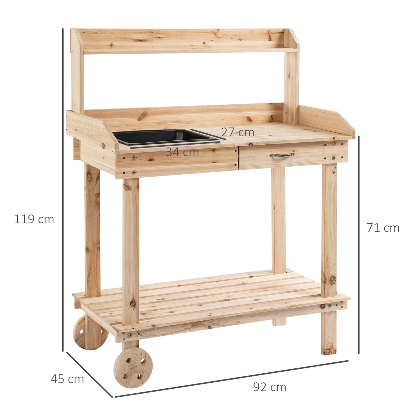 Wooden garden pot table with sink and wheels - 2-tier