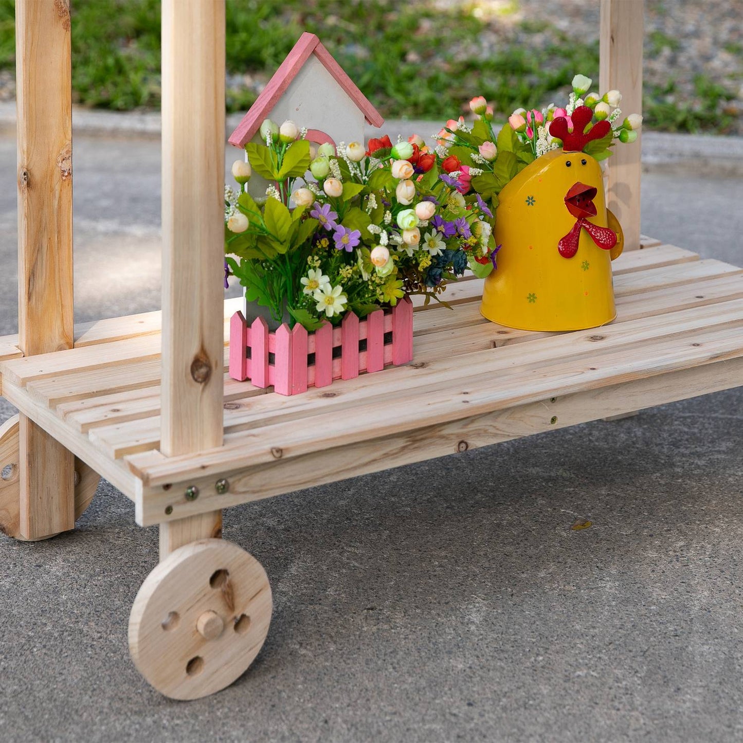 Wooden garden pot table with sink and wheels - 2-tier