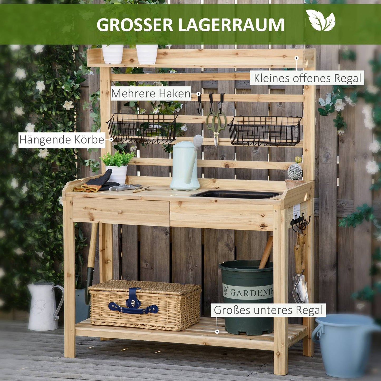 Garden table with sink, drawer and shelf, 107.5 cm