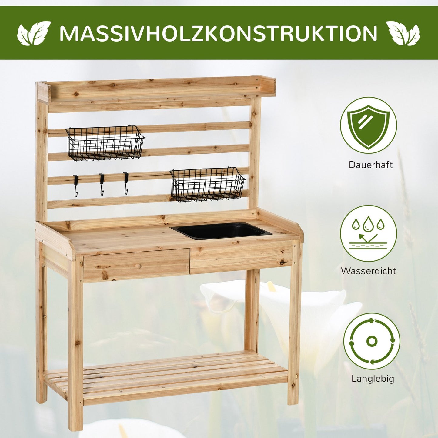 Garden table with sink, drawer and shelf, 107.5 cm