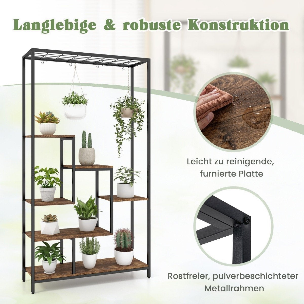 Plant stand 6 tiers 180 cm plant shelf metal with 10 S-hooks black + rustic brown