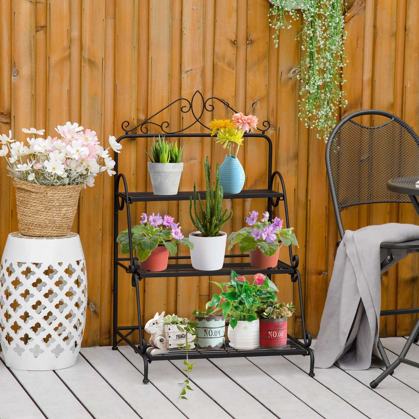 Plant stand in 3 levels in metal, adjustable for indoor and outdoor use