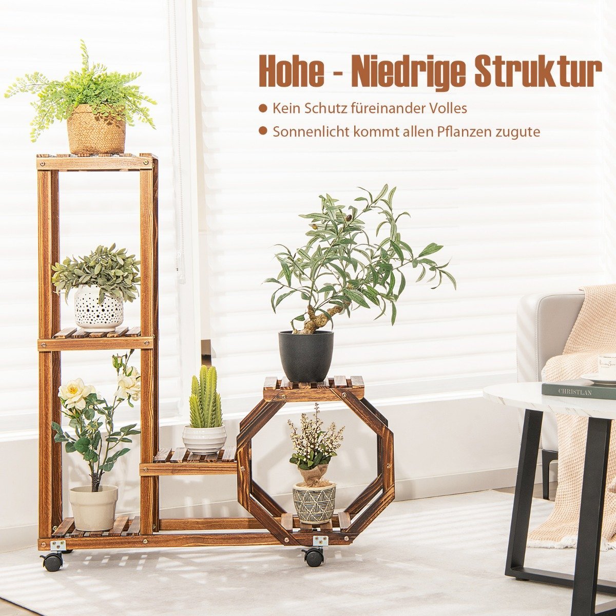 Plant stand with lockable and removable wheels 107 x 29 x 74 cm natural